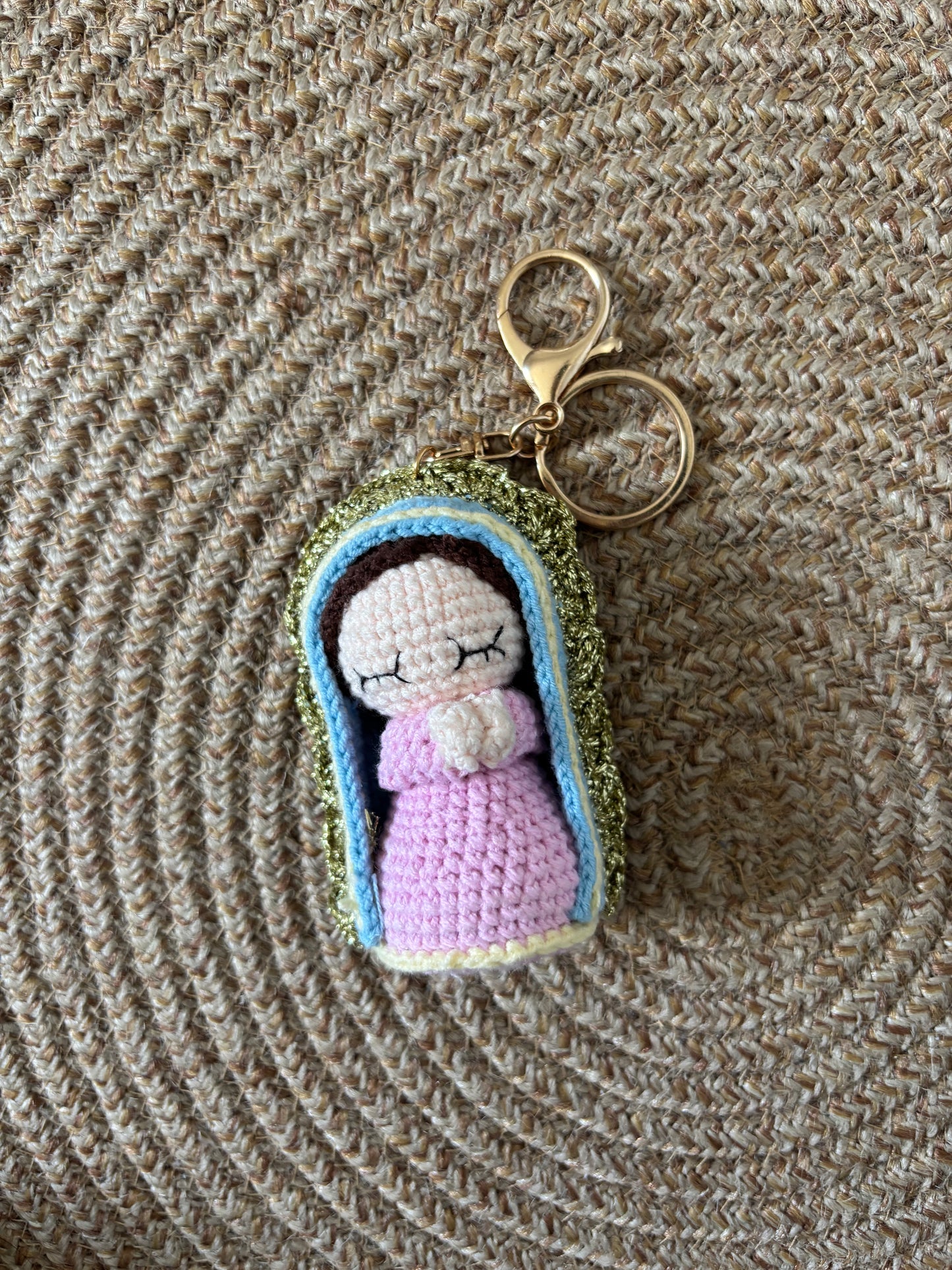 Crochet Virgin of Guadalupe keychain charm – Handmade spiritual accessory