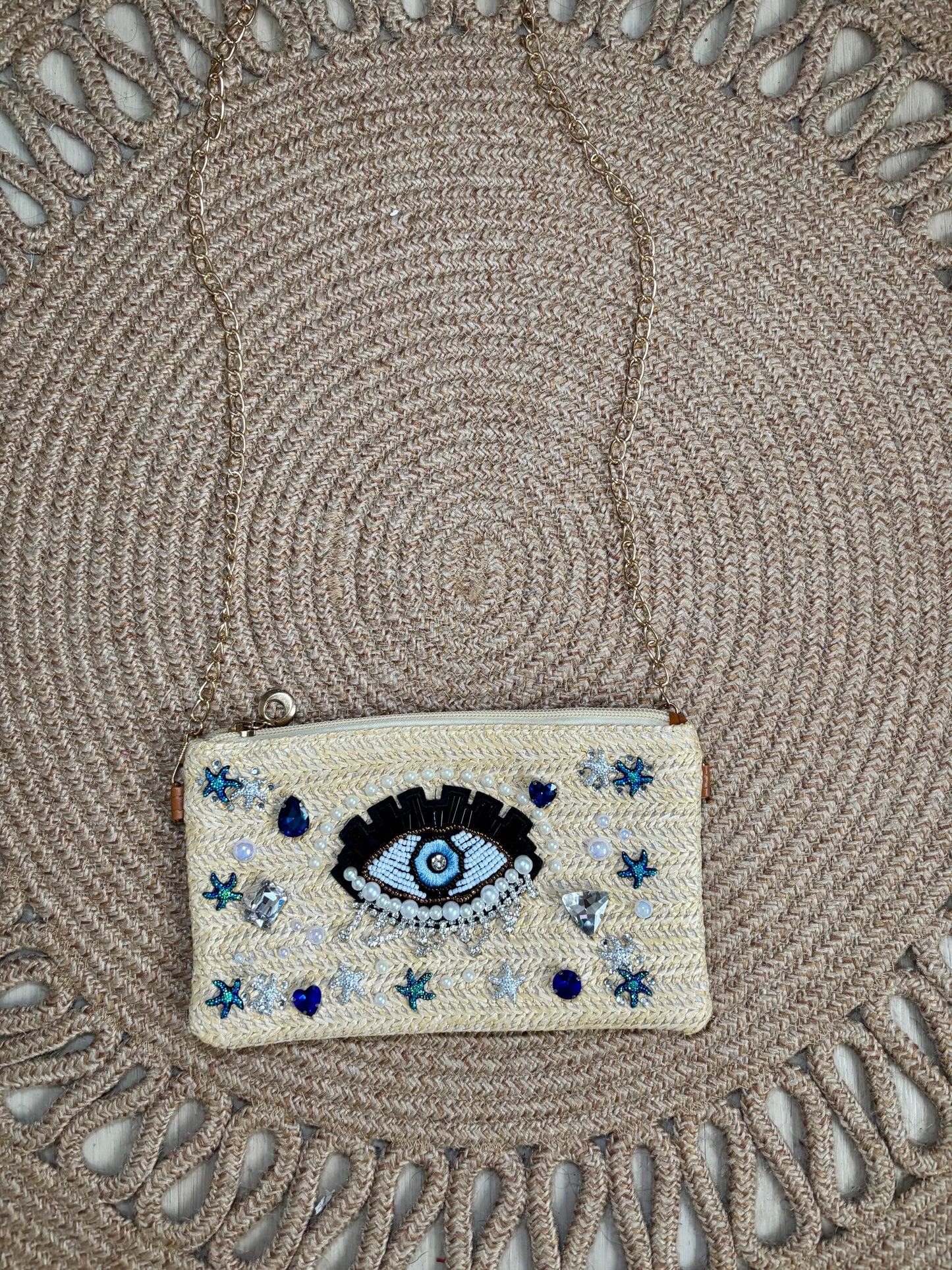 Handmade Straw Clutch with Evil Eye Beading and Gold Chain – Artisan Evening Bag