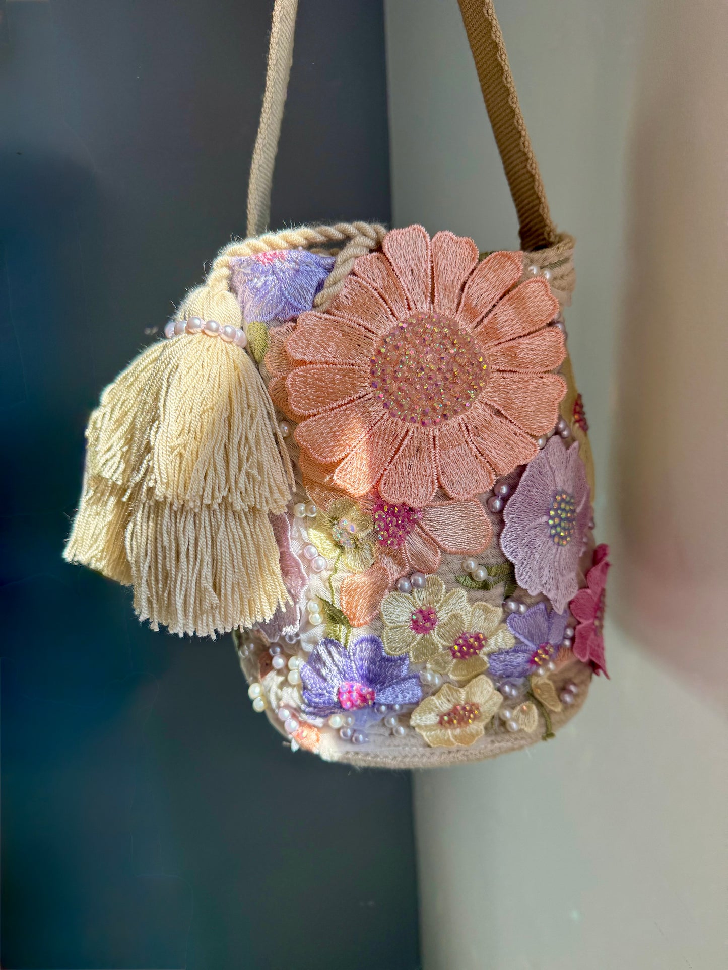 Wayuu Handbag with Floral Beading & Crystals Short & Long Strap