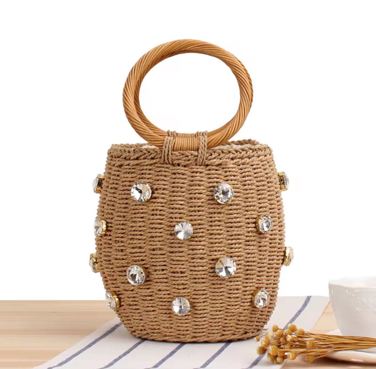 Handmade bucket bag with sparkling rhinestones – Elegant woven handbag