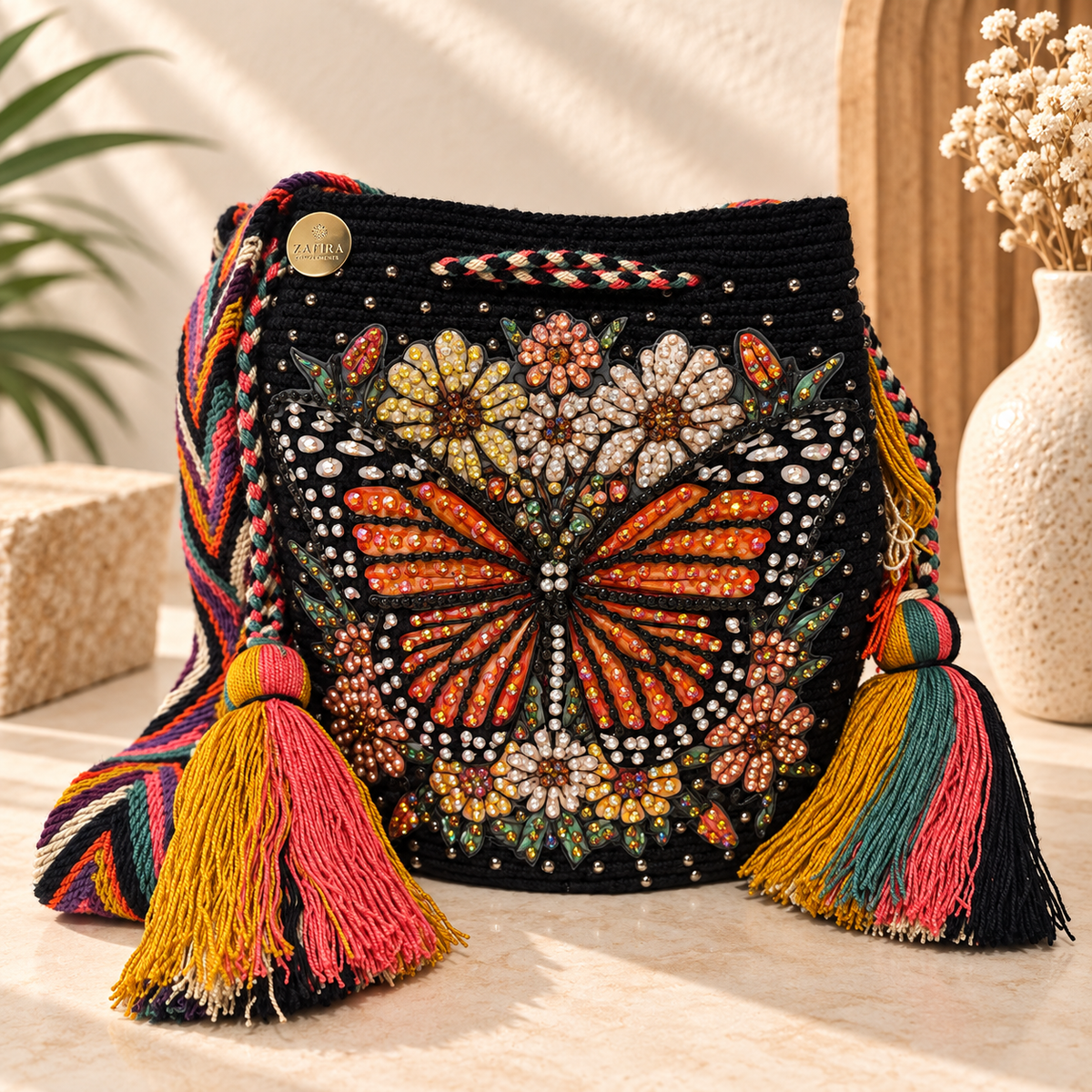Wayuu Bag medium butterfly monarch Decorated Unique Handmade Artisan Bag