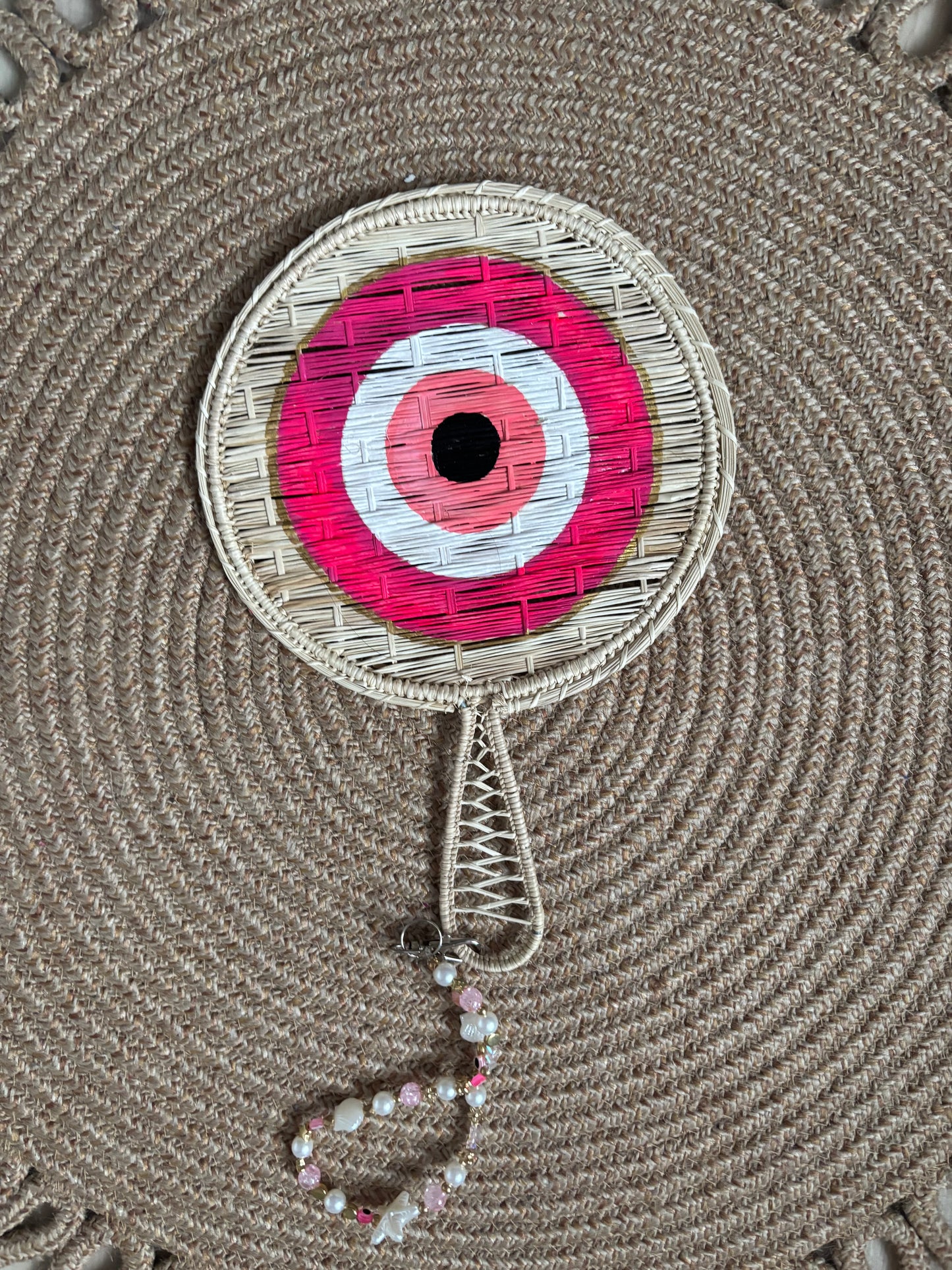 Hand-Painted Iraca Palm Fans with Beaded Wrist Strap – Unique Evil Eye & Heart Designs