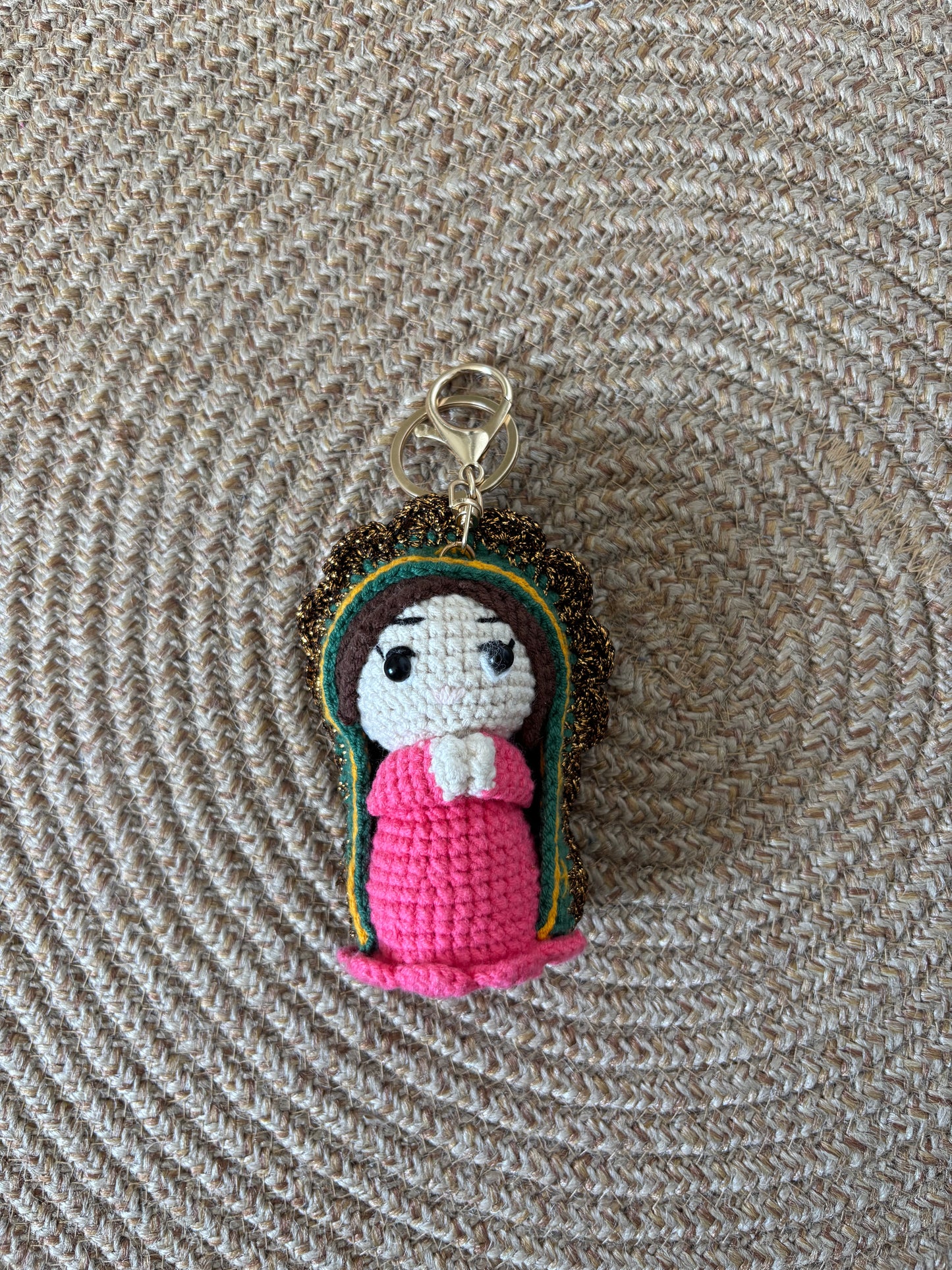 Crochet Virgin of Guadalupe keychain charm – Handmade spiritual accessory