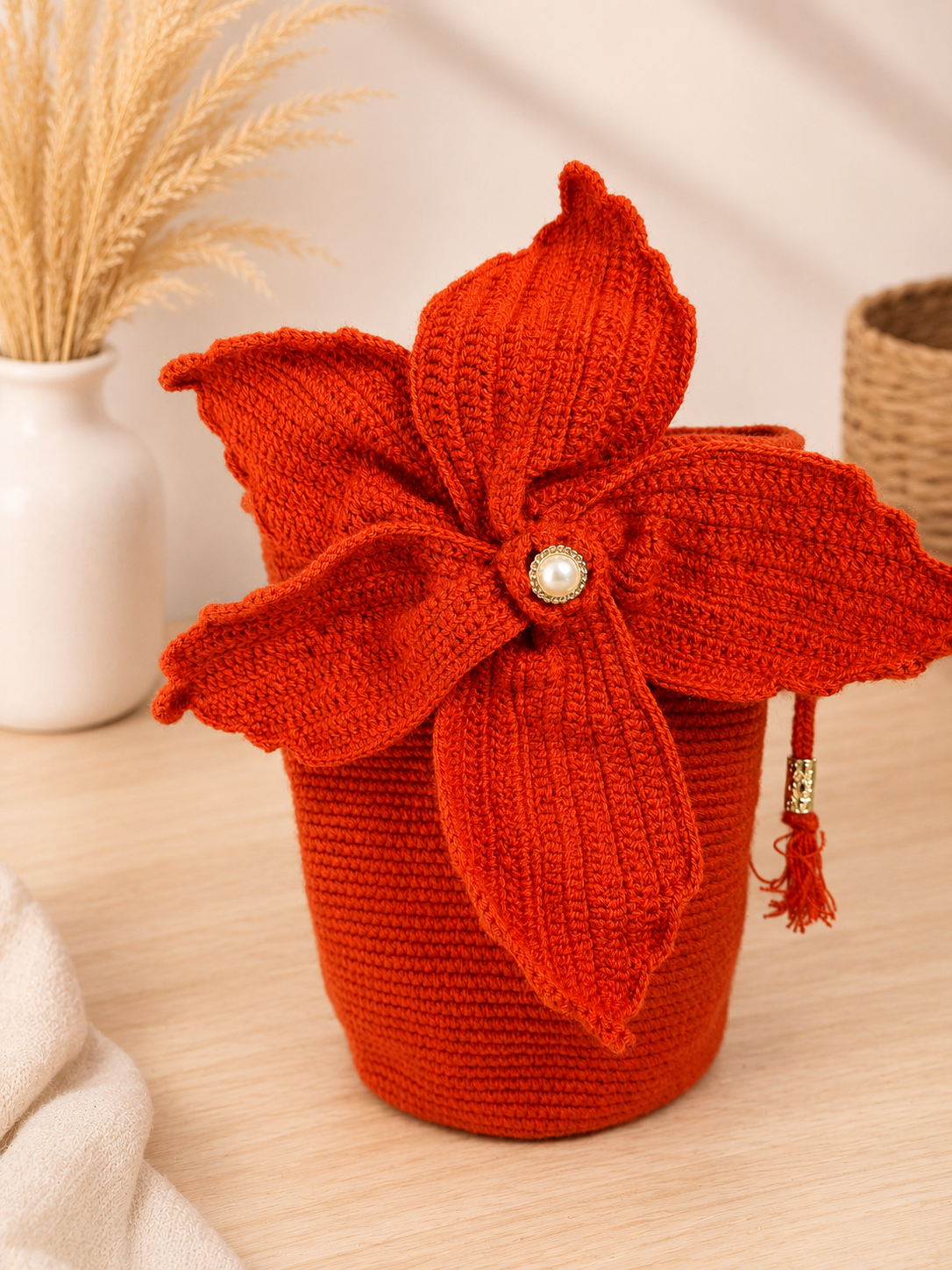 Medium Handmade flower Wayuu Bag Luxury Crochet Bucket Bag shoulder strap