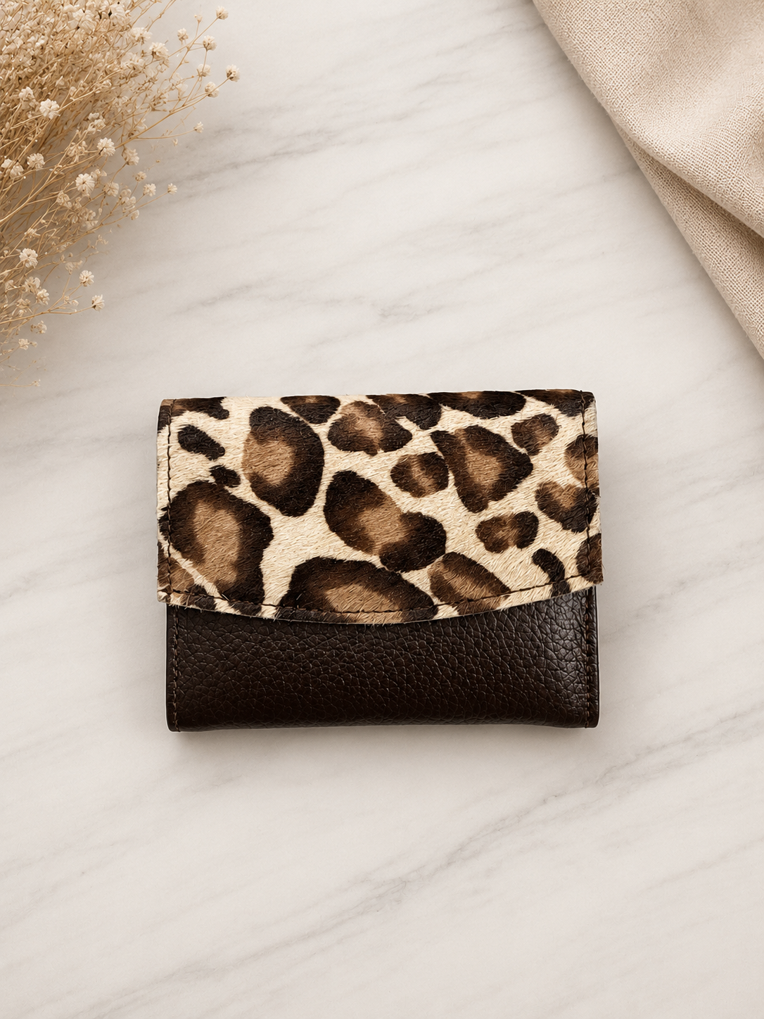 Genuine Cowhide Leather Card Holder Wallet with Zipper Hair-On Multiple Card Slots 7inx4in