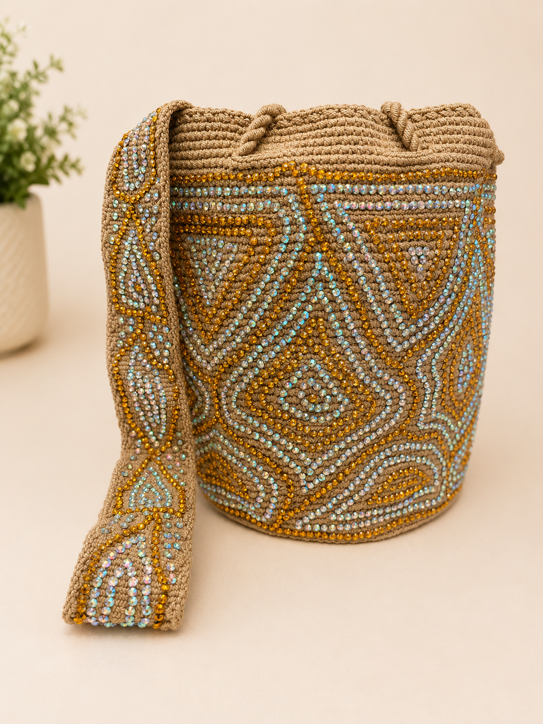Medium bucket double use crossbody embroidered Beading & Crystals short and Long Strap
