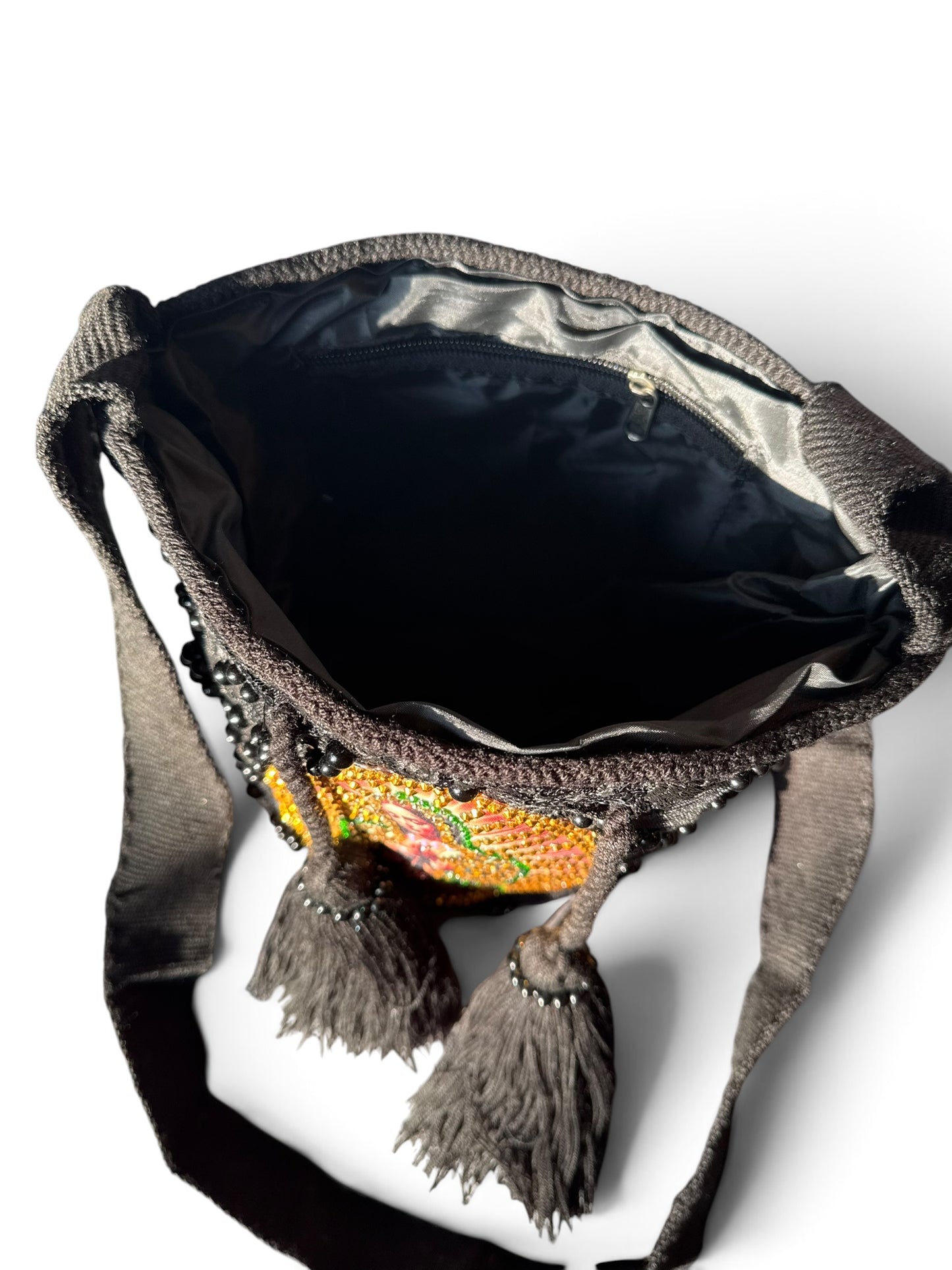 Medium Wayuu Bucket Bag Embroidered Virgin of Guadalupe | Handmade Crossbody with Tassels