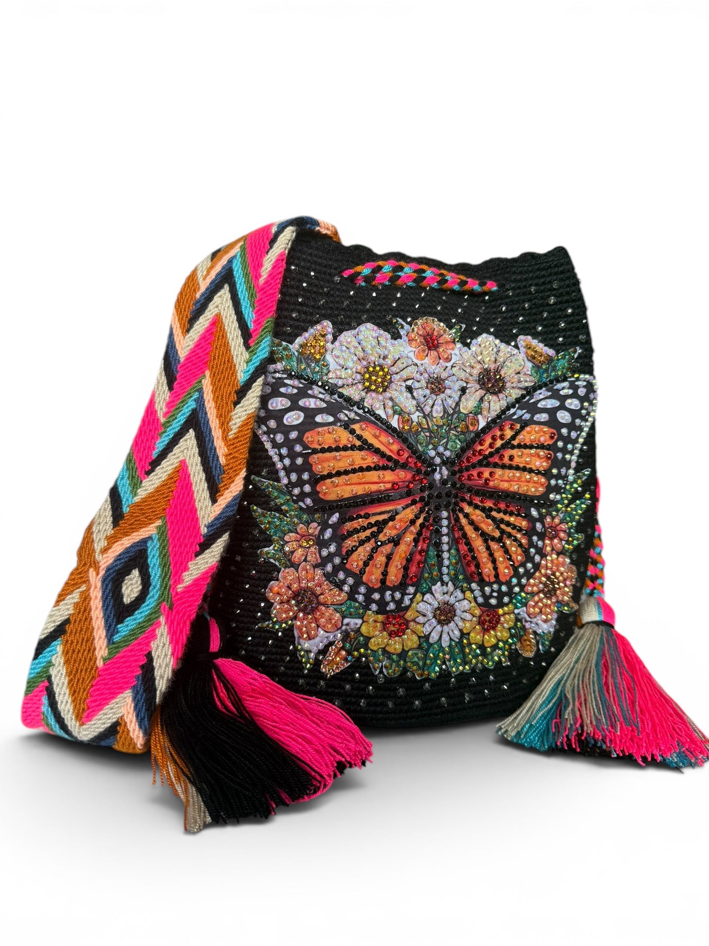 Wayuu Bag L butterfly monarch Decorated Unique Handmade Artisan Bag