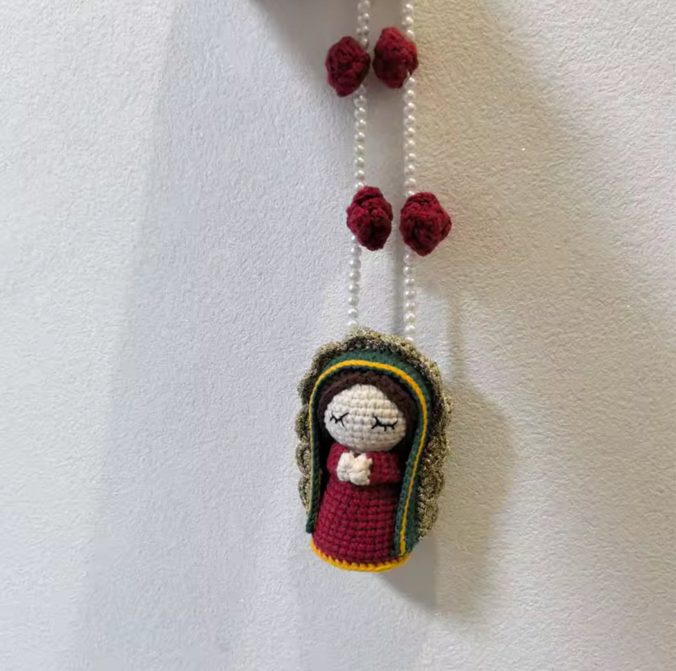 Crochet Virgin of Guadalupe keychain charm – Handmade spiritual accessory