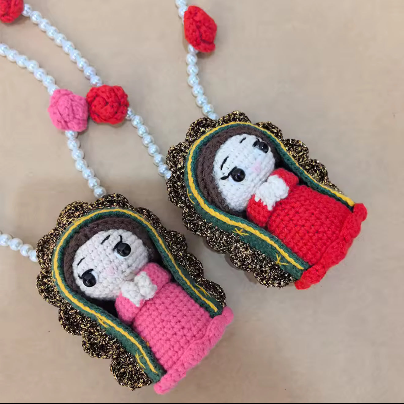 Crochet Virgin of Guadalupe keychain charm – Handmade spiritual accessory