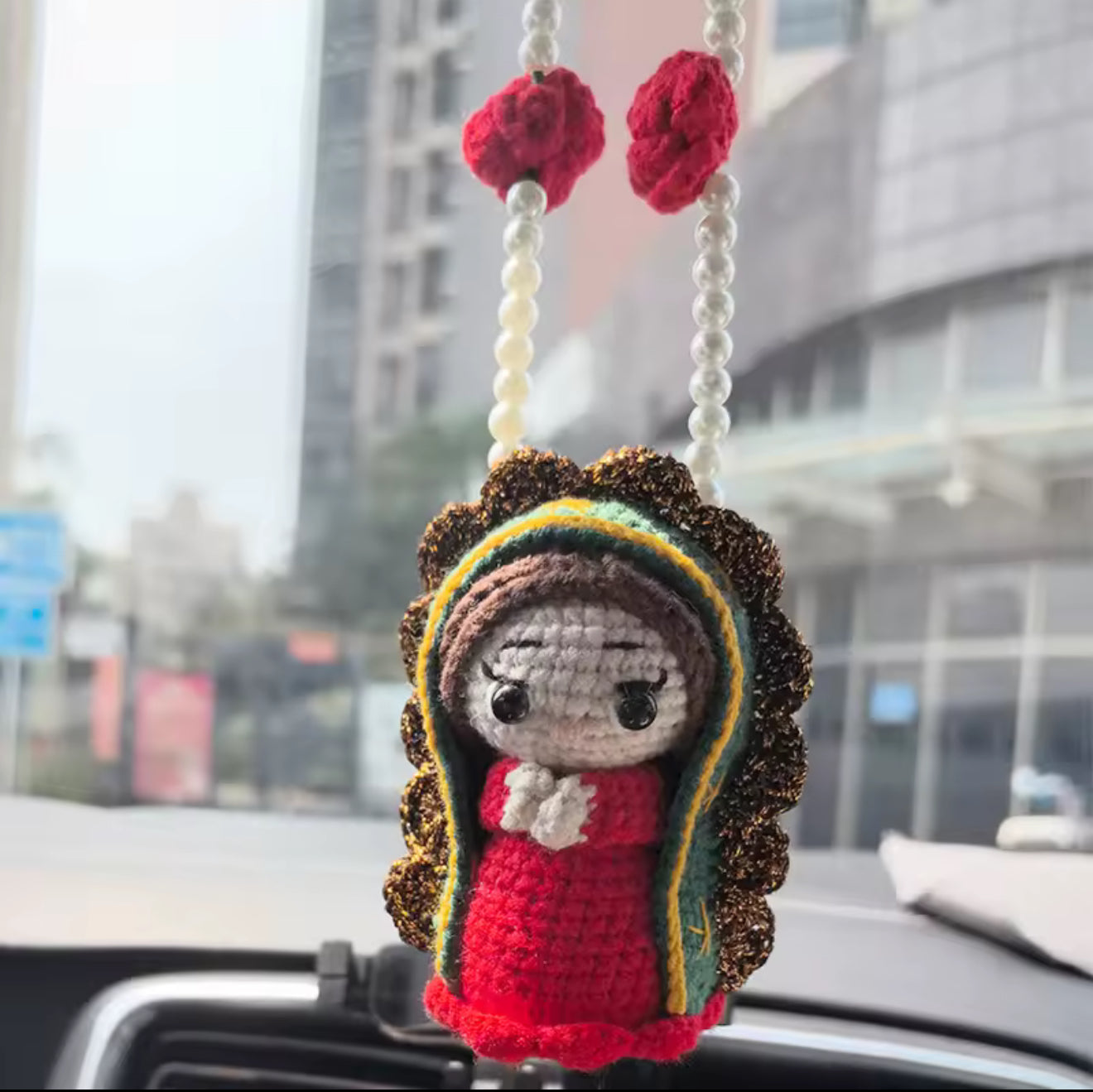 Crochet Virgin of Guadalupe keychain charm – Handmade spiritual accessory