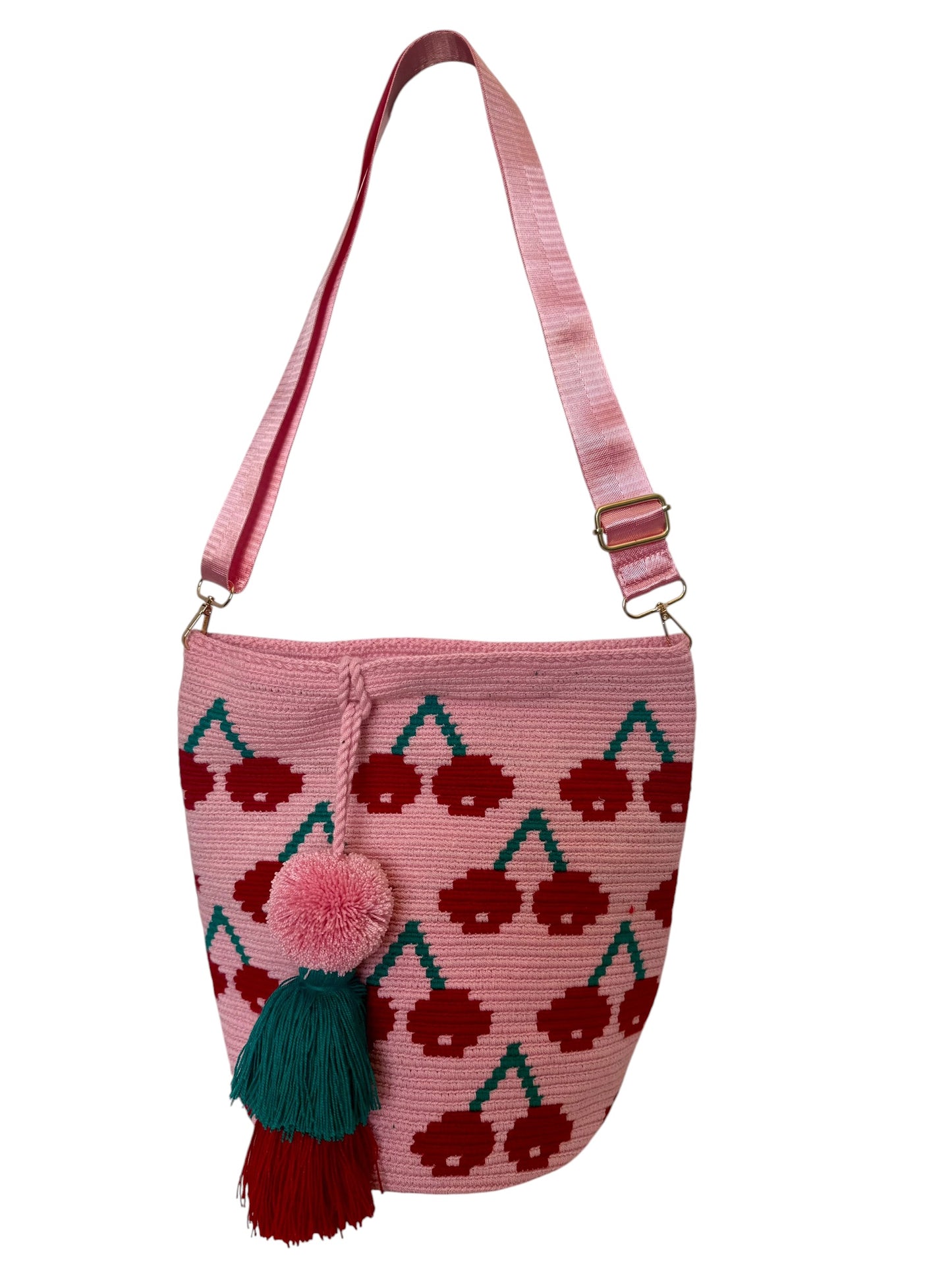 Cherry Crochet Clutch Bag Large Size 11 inch Handmade Statement Purse with Removable Strap