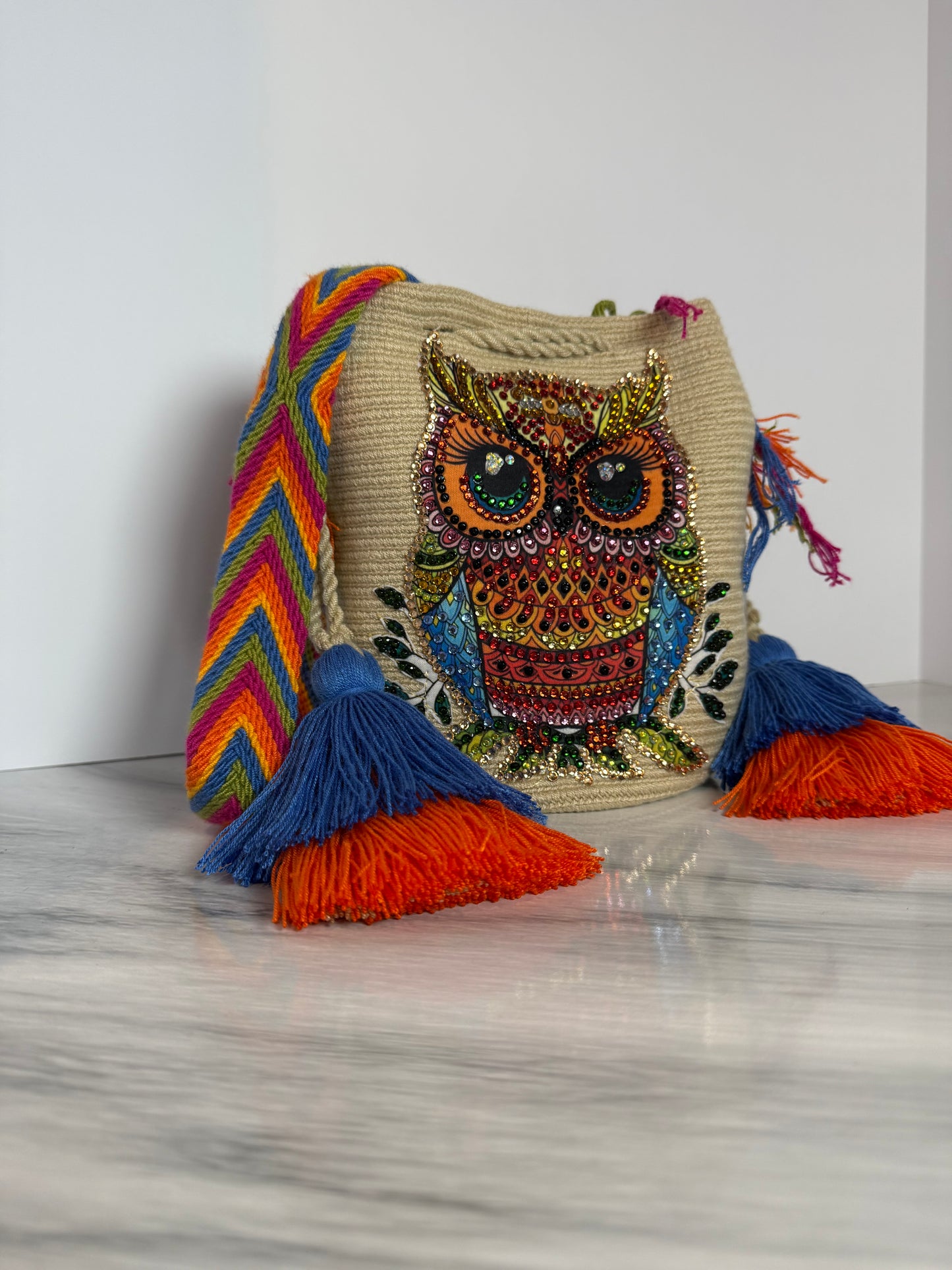 Wayuu Bag M Owl Decorated Blue Unique Handmade Artisan Bag