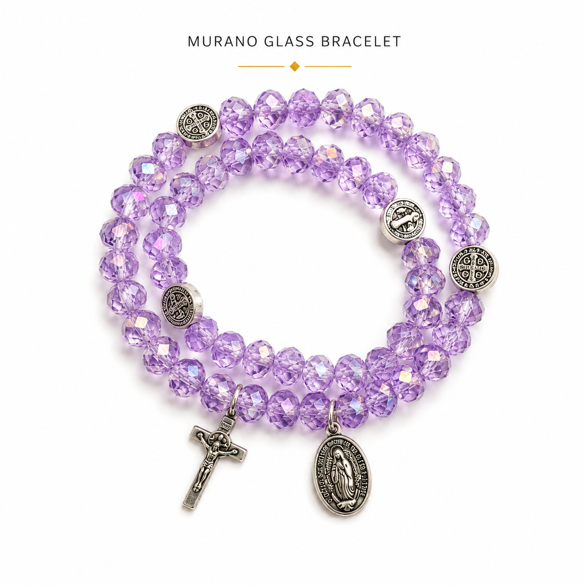 Murano Glass Catholic Bracelet – Lavender Crystal Beads, Cross , virgin of Guadalupe Medal