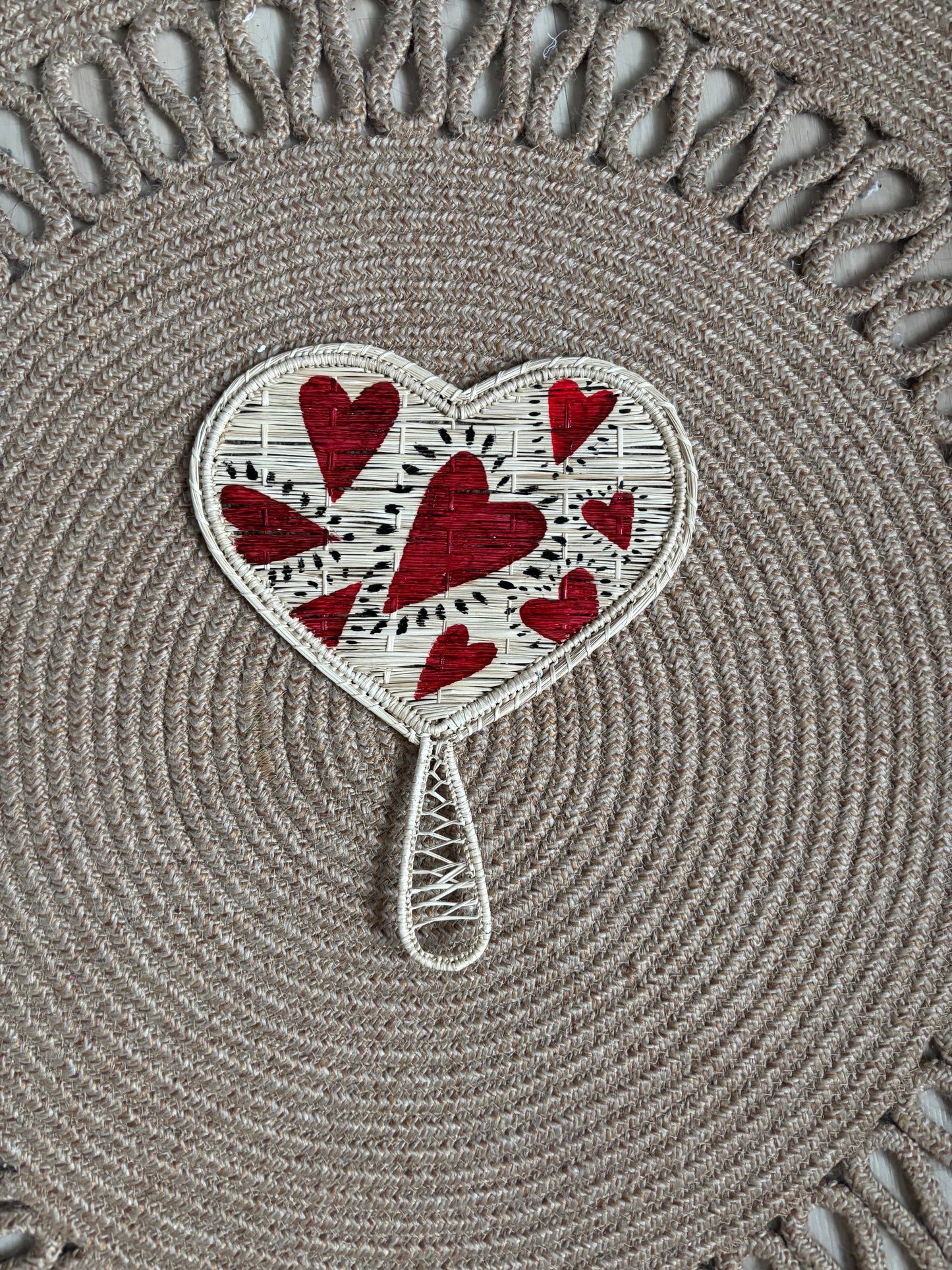 Hand-Painted Iraca Palm Fans with Beaded Wrist Strap – Unique Evil Eye & Heart Designs