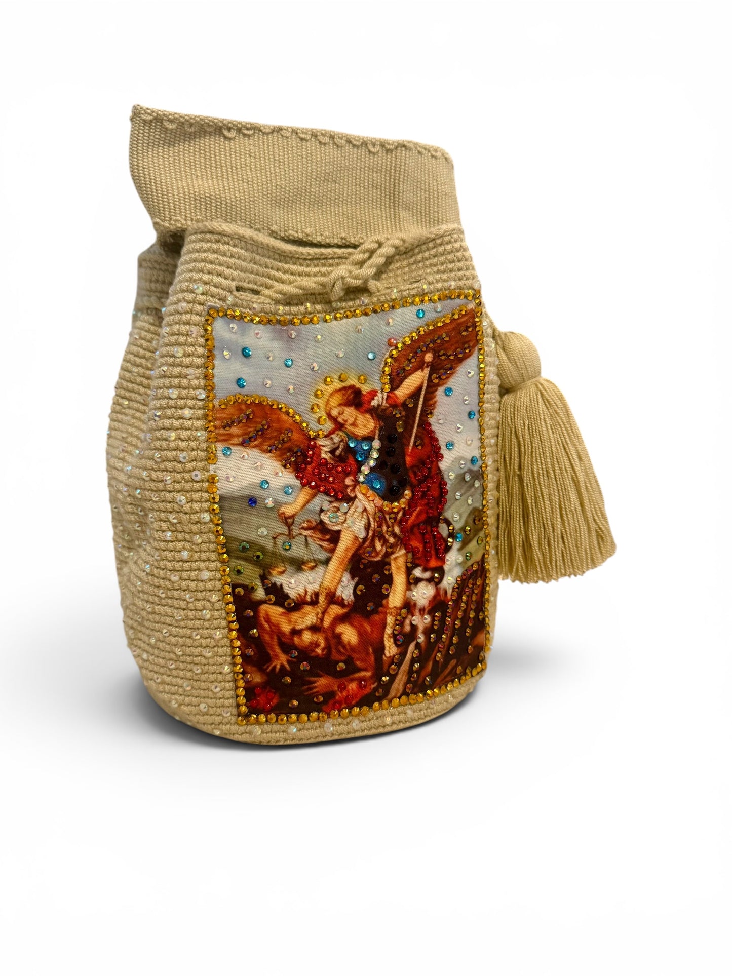 St Michael Archangel Medium Crystal Bag Beige | Handmade Luxury Crossbody Bag 9”
