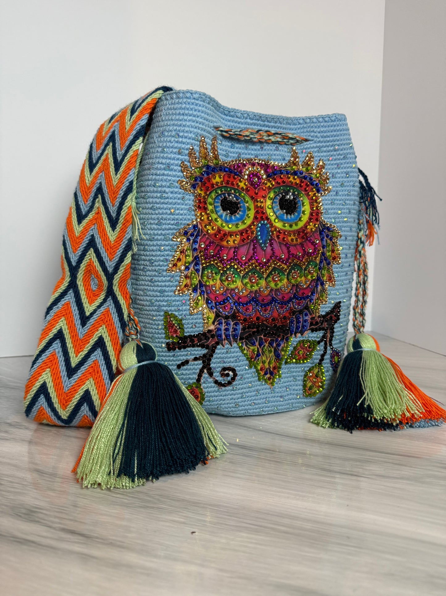 Wayuu Bag L Owl Decorated Blue Unique Handmade Artisan Bag