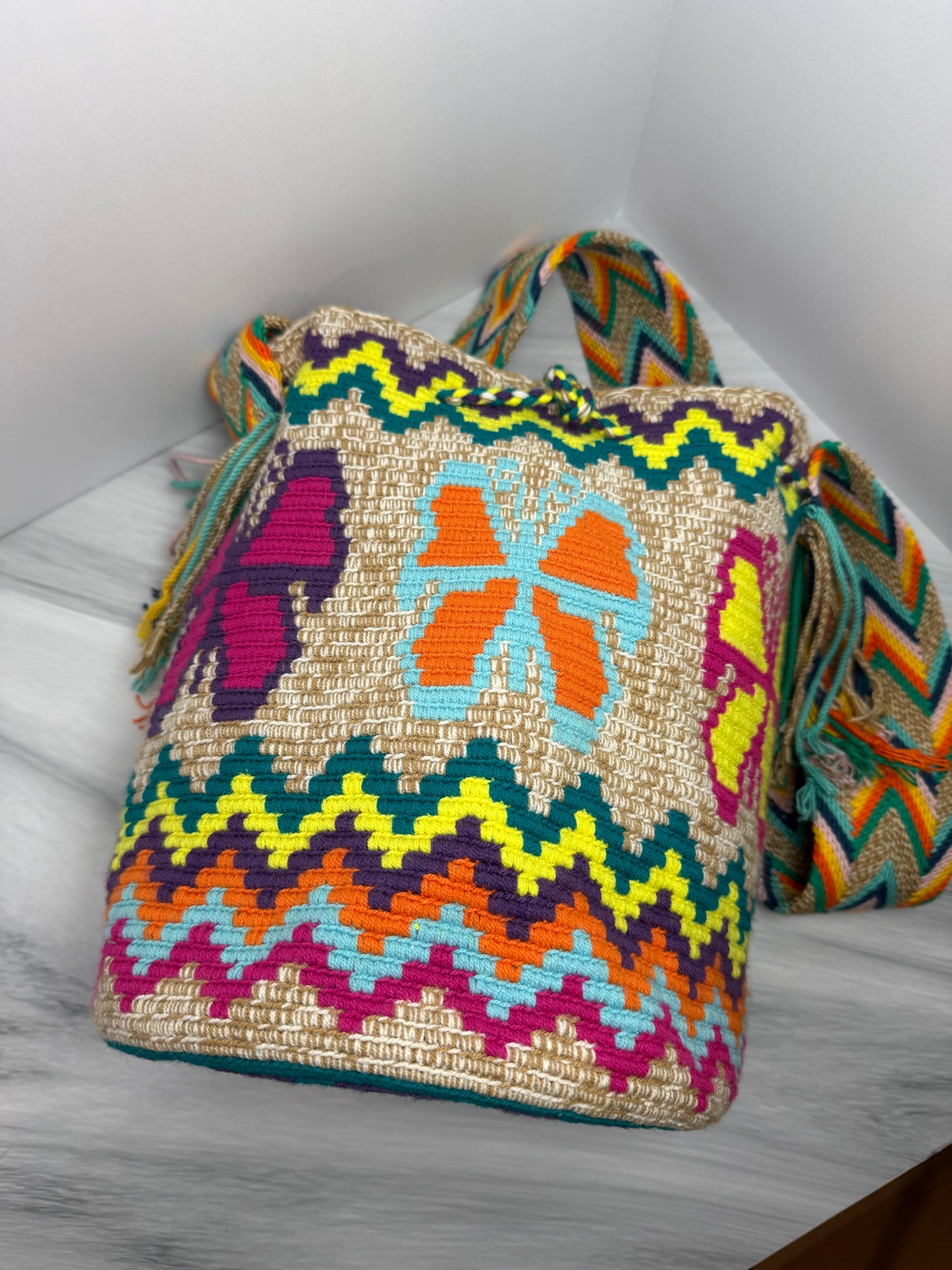 Wayuu Bag L Butterflies beige special design Unique Handmade Artisan Bag