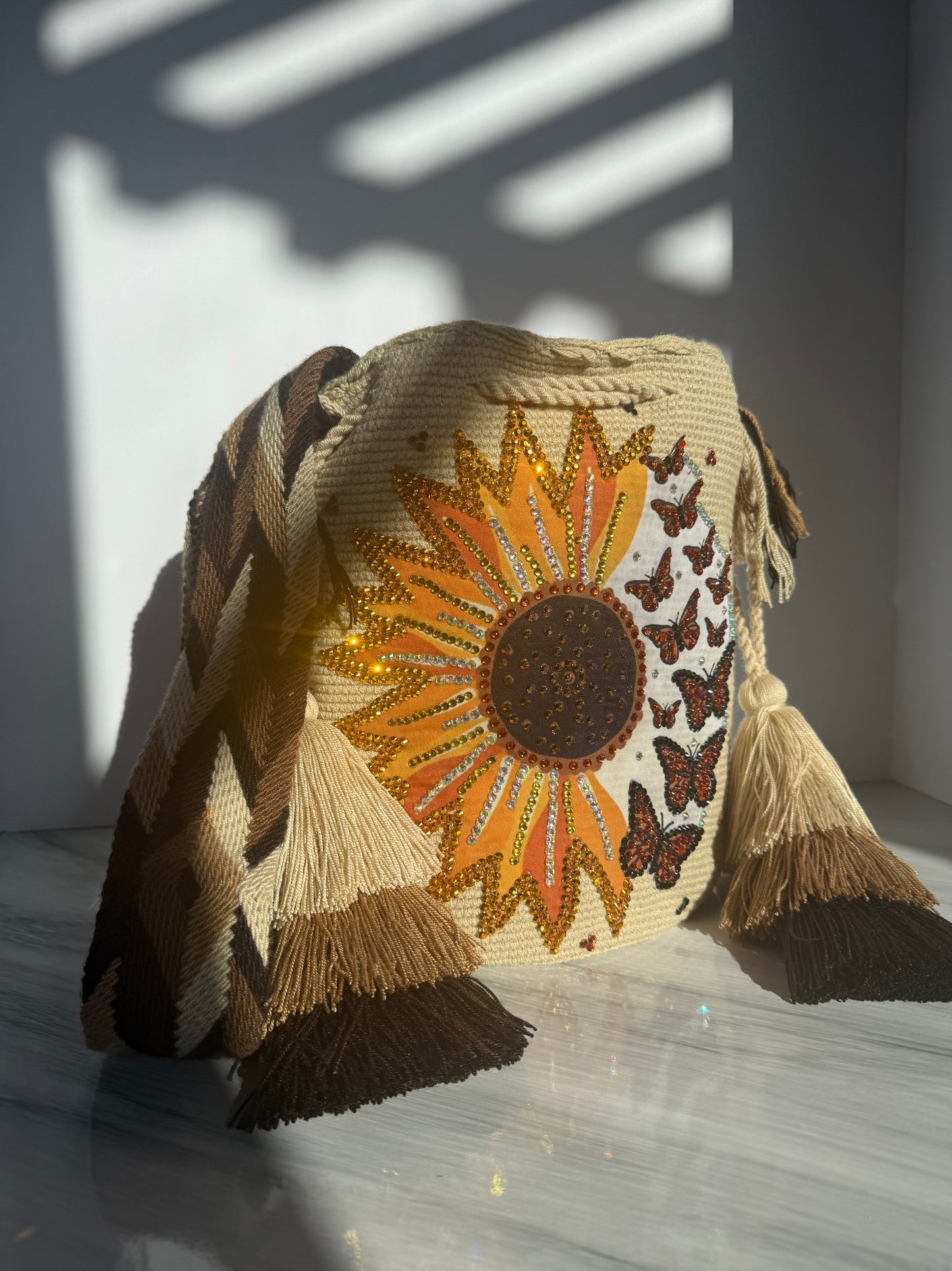 Wayuu bag Monarch butterfly and sunflower decorated L