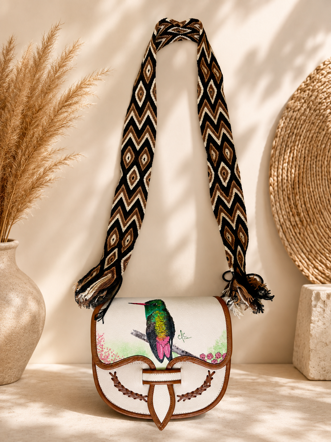 Hand Painted Genuine Leather Carriel Bag with Hummingbird | Adjustable Wayuu Crochet Strap