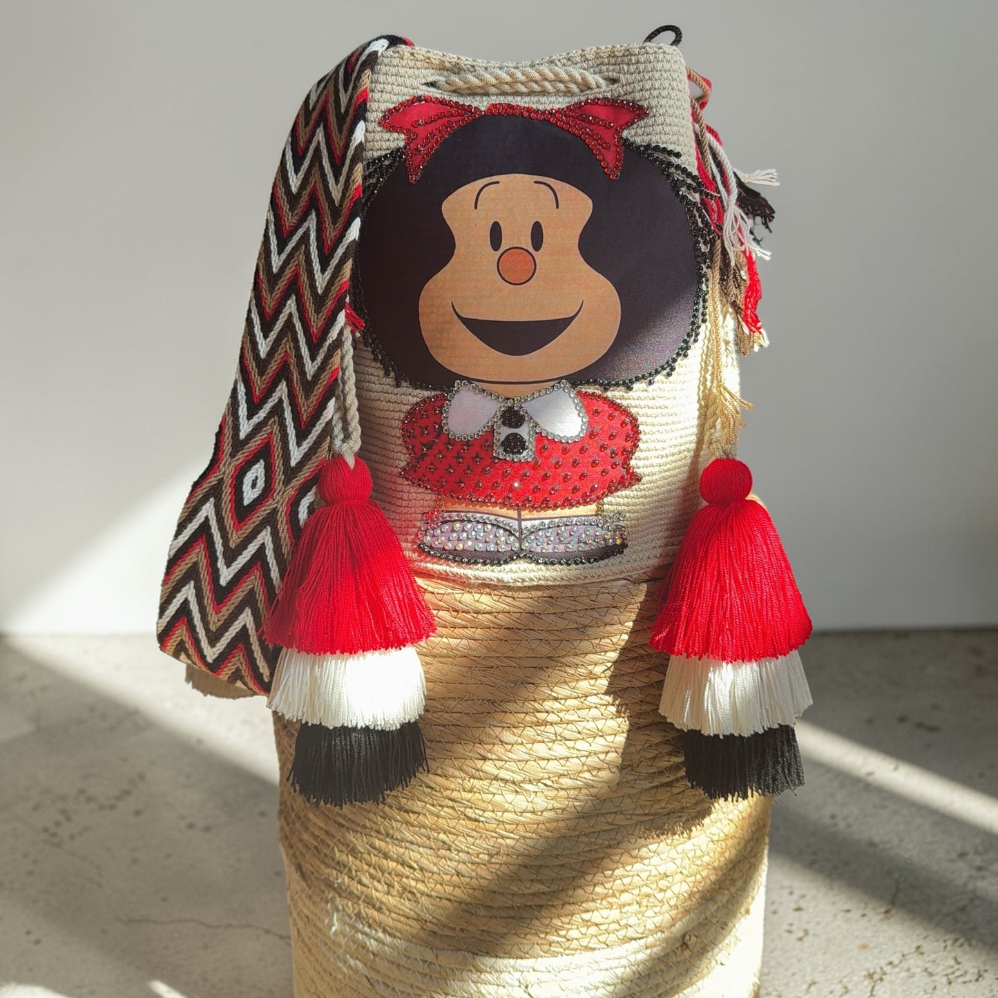 Handmade Wayuu Crochet Bag with Red Doll Design – Premium Artisan Boho Backpack with Tassels