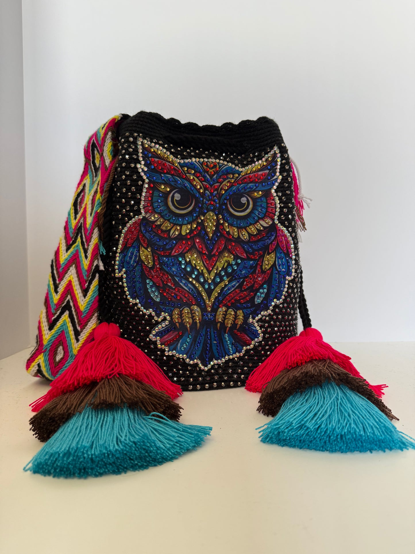Wayuu Bag L Owl Decorated Blue Unique Handmade Artisan Bag