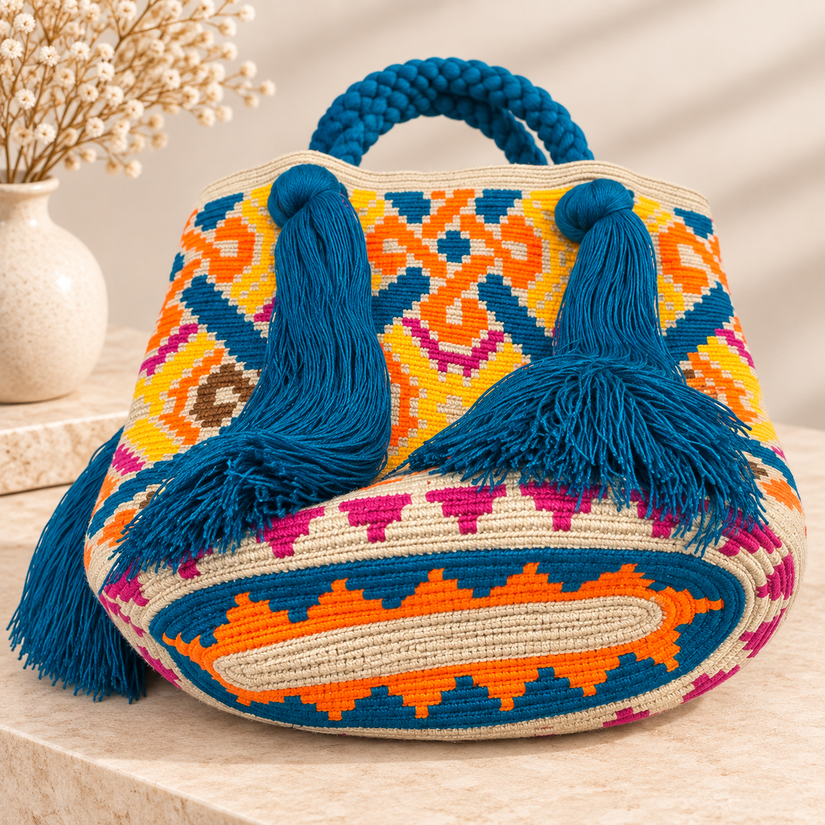 Wayuu Rapunzel Large Tote Bag Handmade Artisan with Braided Strap 12” Height Statement Bag