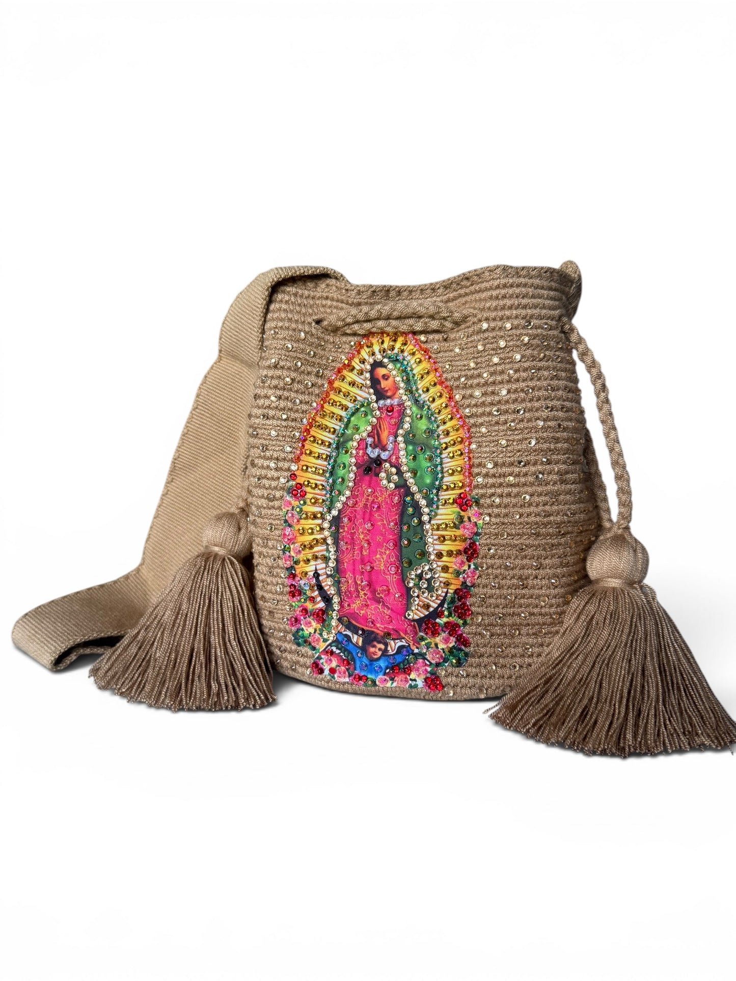 Crossbody Bucket Bag Wayuu Virgin of Guadalupe Decorated cream Details Handmade medium