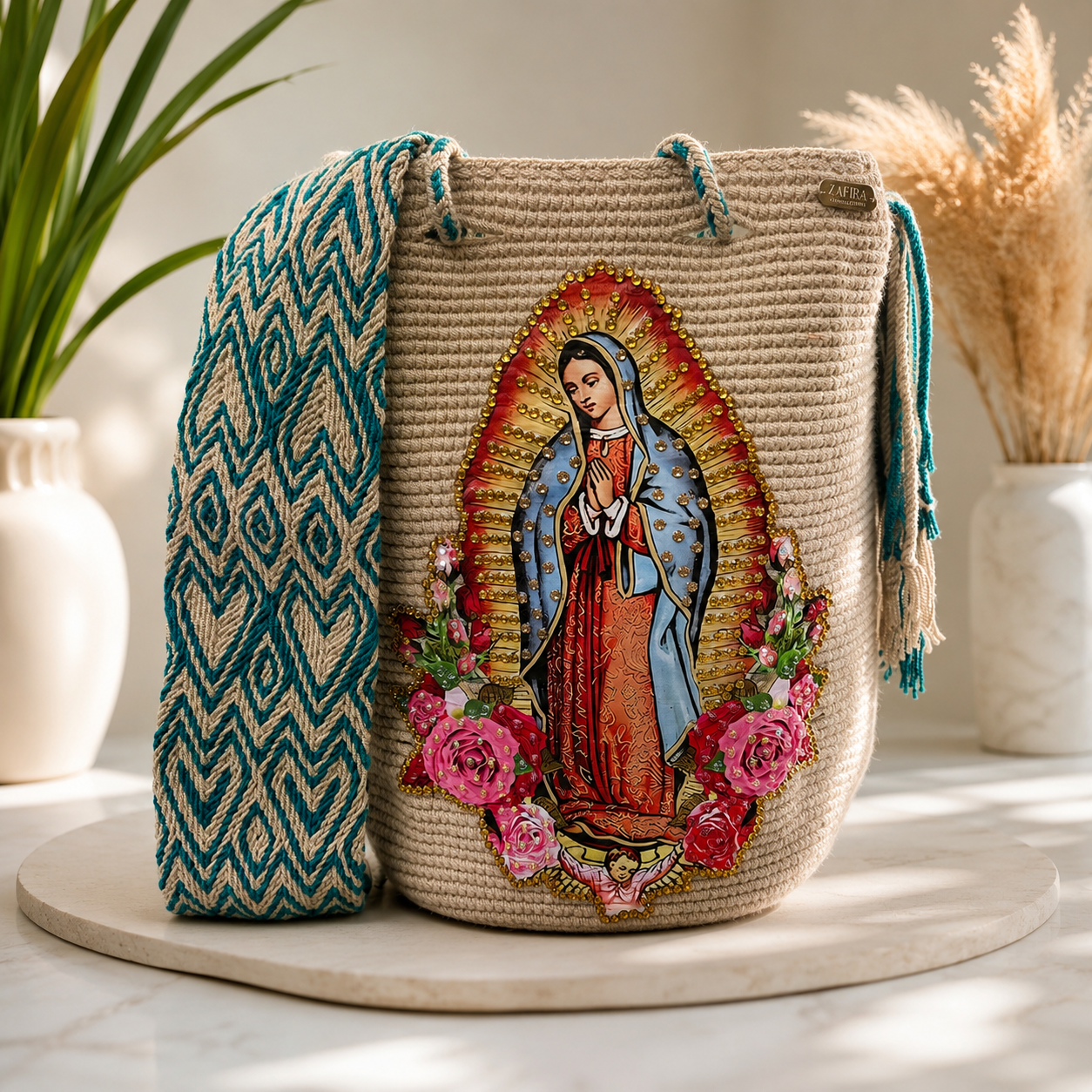 Large Wayuu Bag Virgin of Guadalupe Decorated Details Handmade