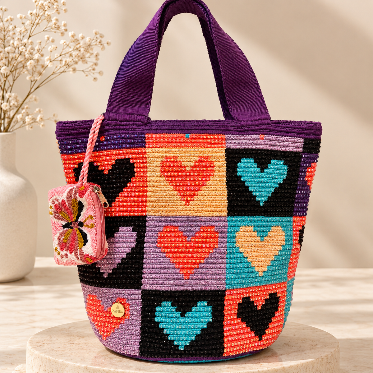 Wayuu XL decorated Handwoven Tote Bag Inner lining, sliding and ornament
