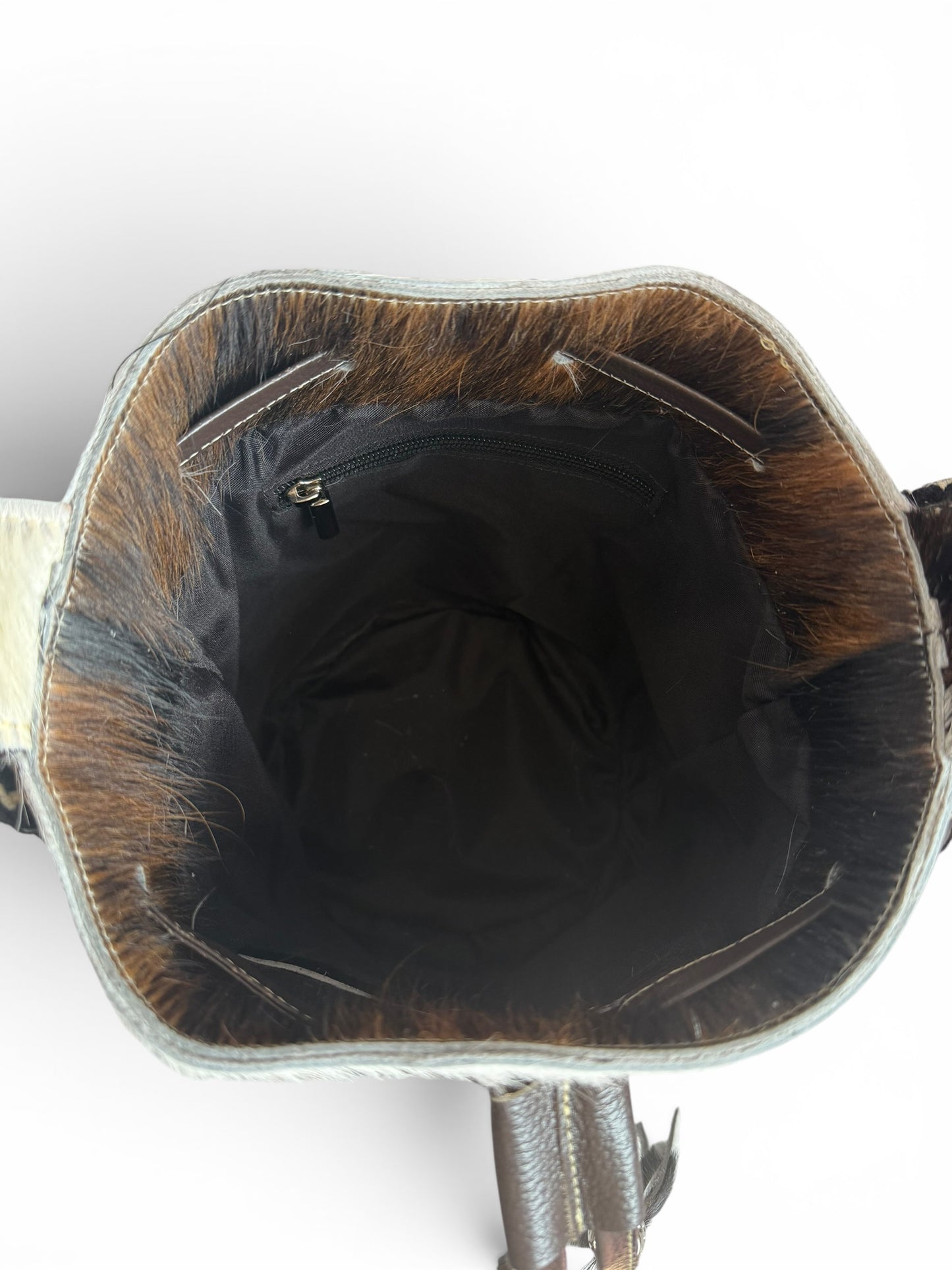 Artisan Bucket Bag in Genuine Cowhide Leather with Hair Double Strap Leather + Wayuu Woven Handmade