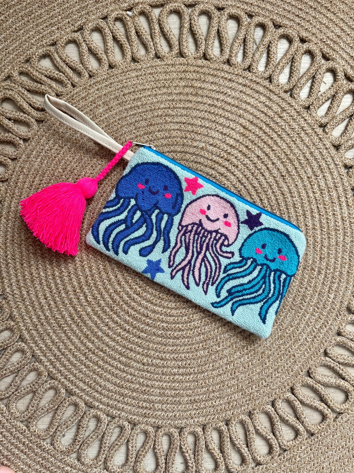 Handmade Marine Clutch β Crab, Jellyfish & Tropical Fish Embroidered Bag with Tassel