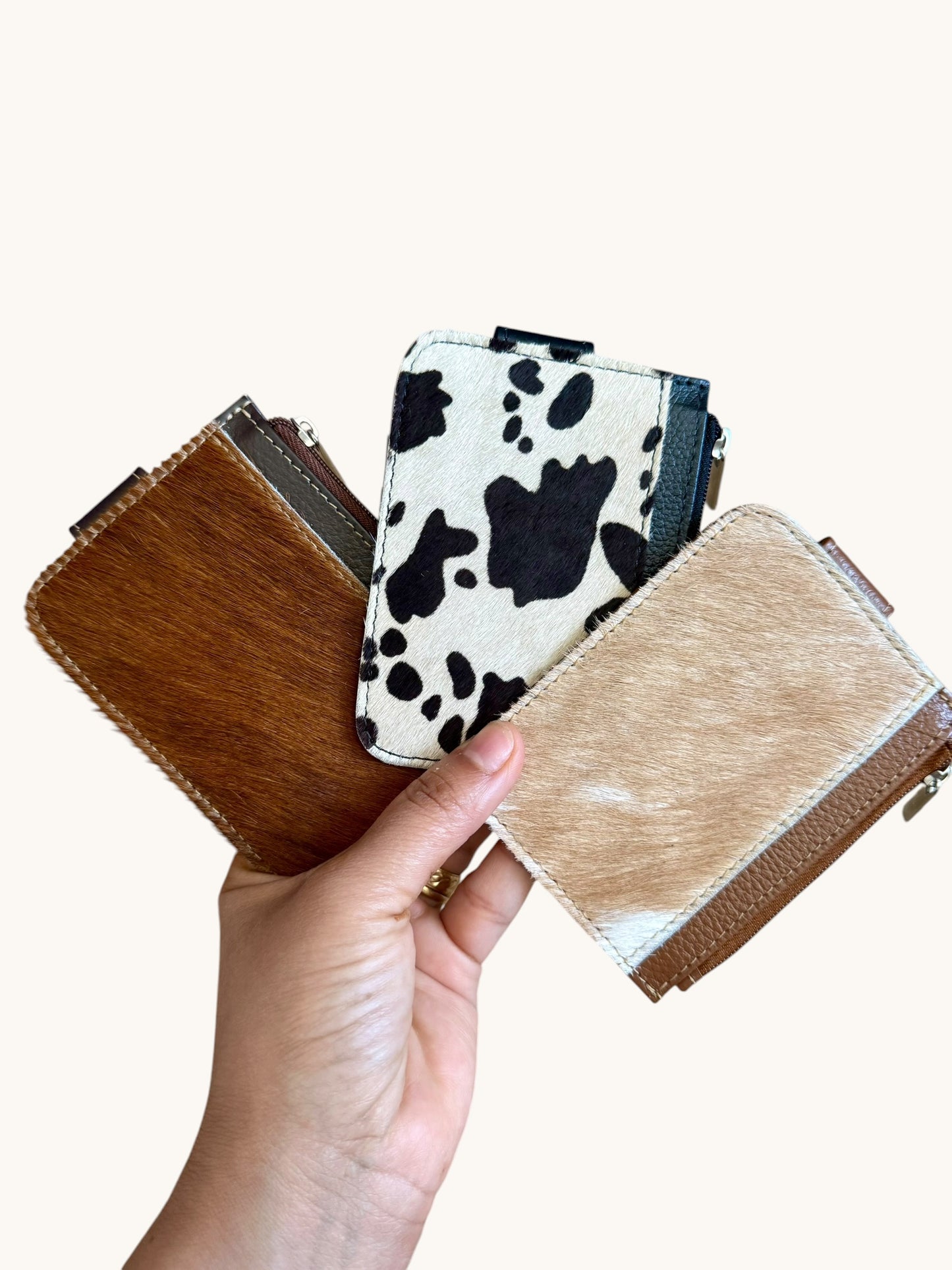 Genuine Cowhide Leather Card Holder Wallet with Zipper Hair-On Multiple Card Slots 4.5” x 3.5”