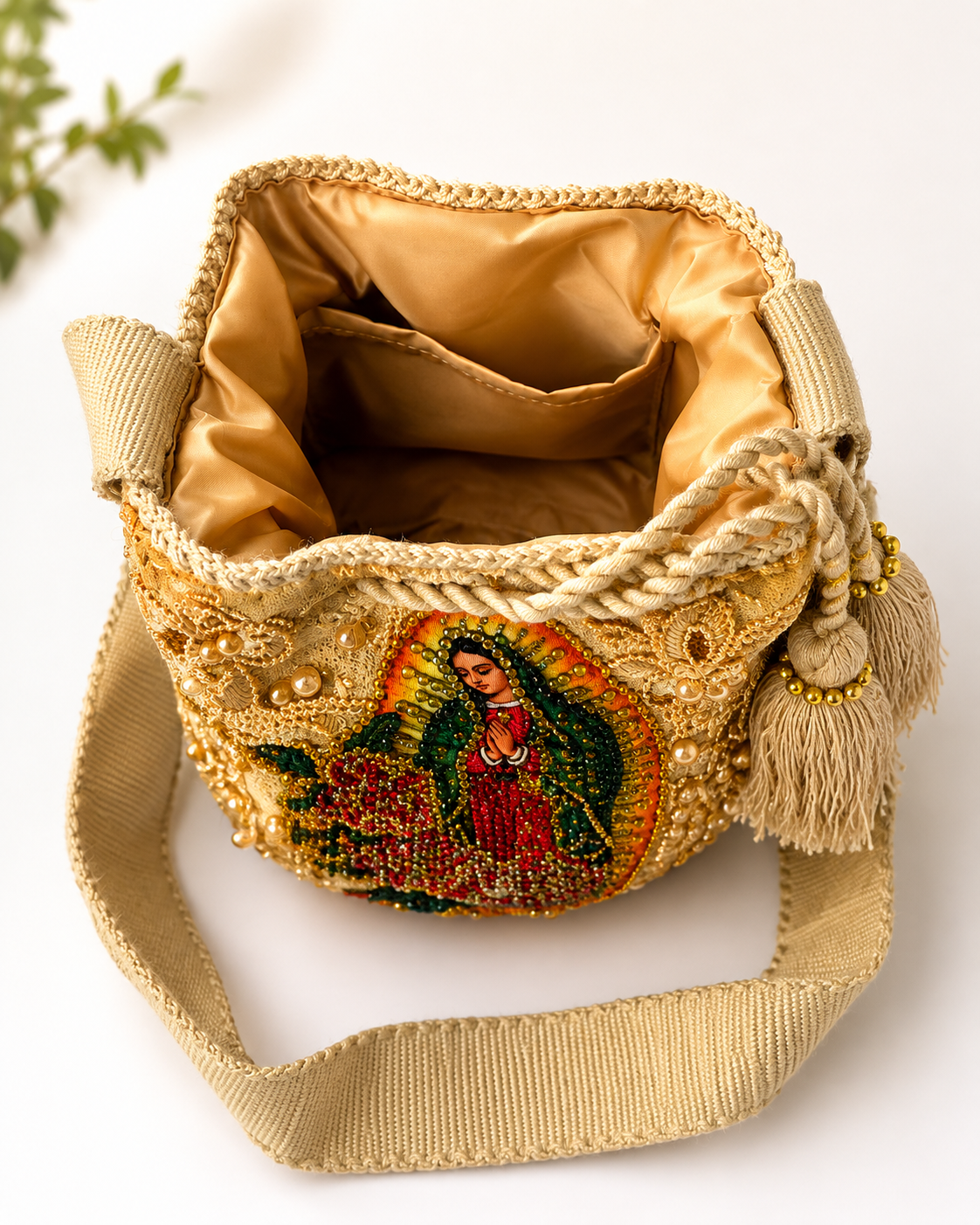 Medium Wayuu Bucket Bag Embroidered Virgin of Guadalupe | Handmade Crossbody with Tassels