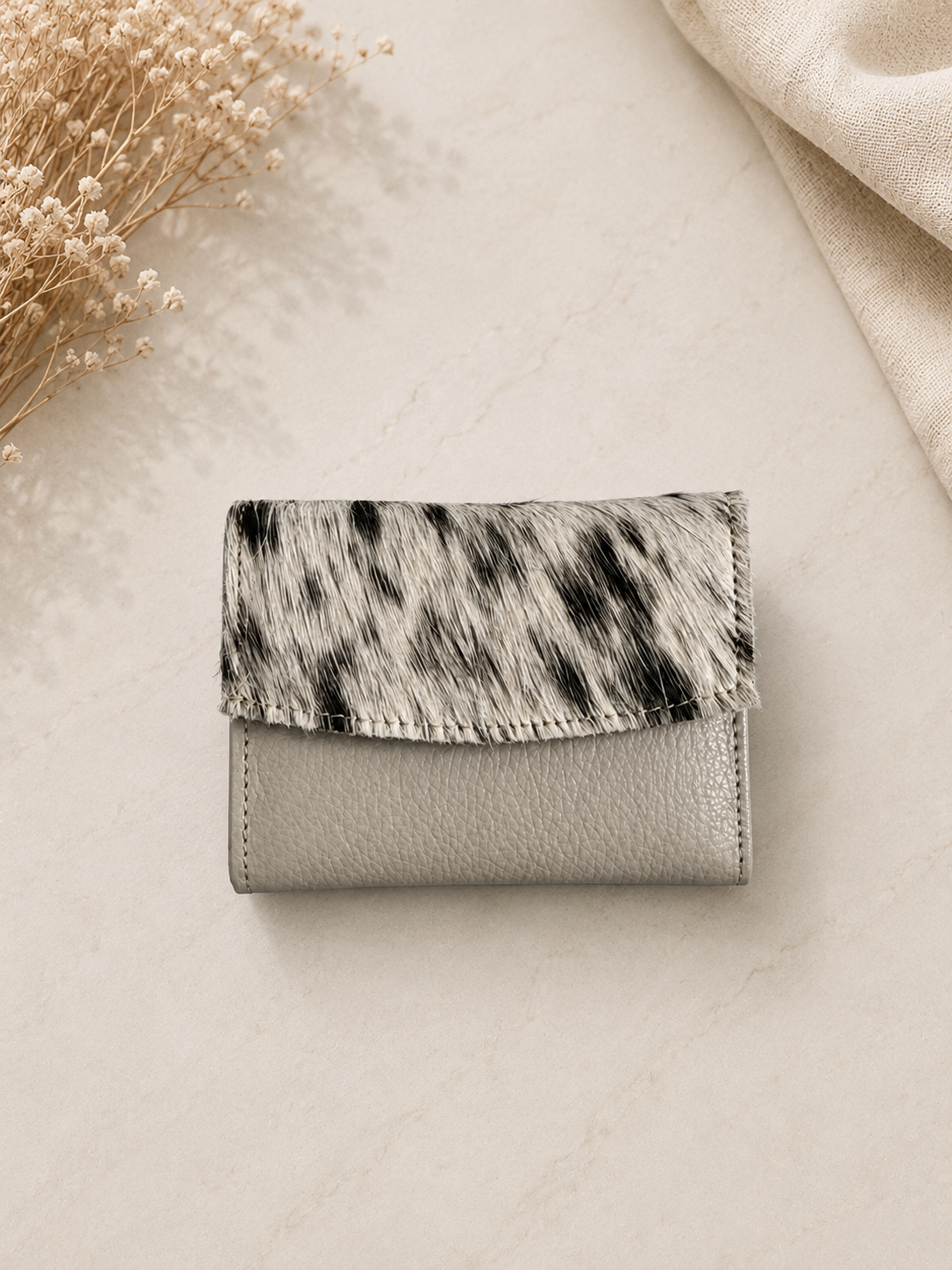 Genuine Cowhide Leather Card Holder Wallet with Zipper Hair-On Multiple Card Slots 7inx4in