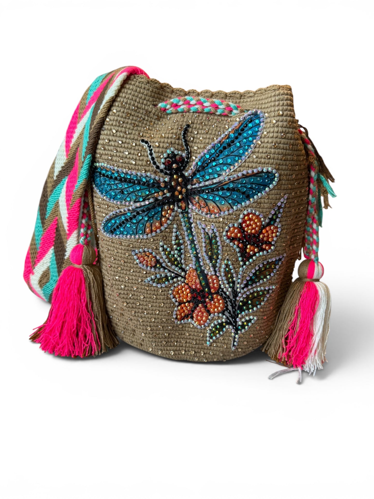 Wayuu Bag L dragonfly beige Decorated Unique Handmade Artisan Bag