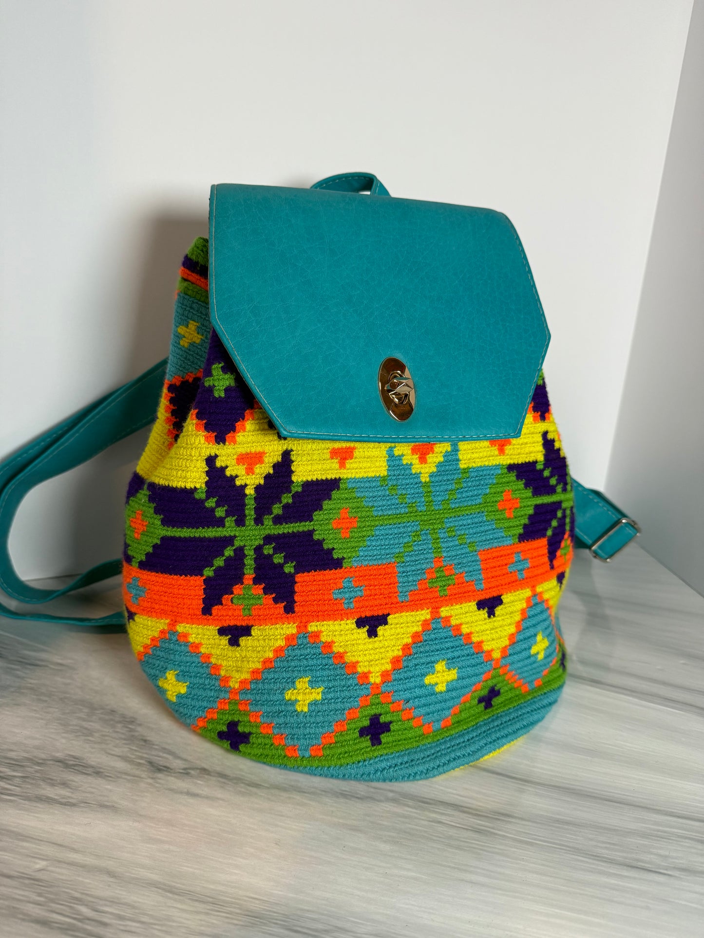Wayuu Backpack Special Design in Leathertex — Handmade with diferents Pattern