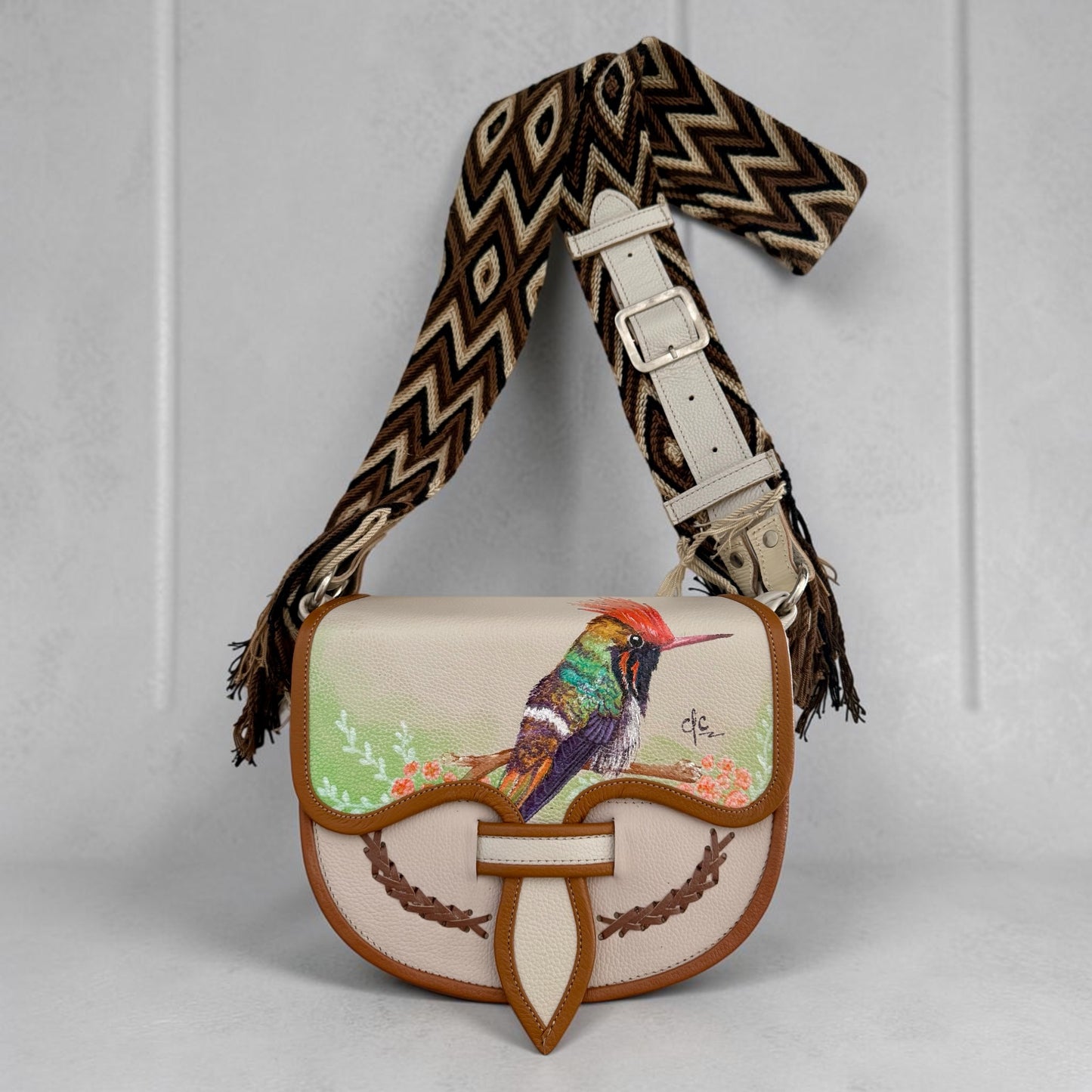 Hand Painted Genuine Leather Carriel Bag with Hummingbird | Adjustable Wayuu Crochet Strap