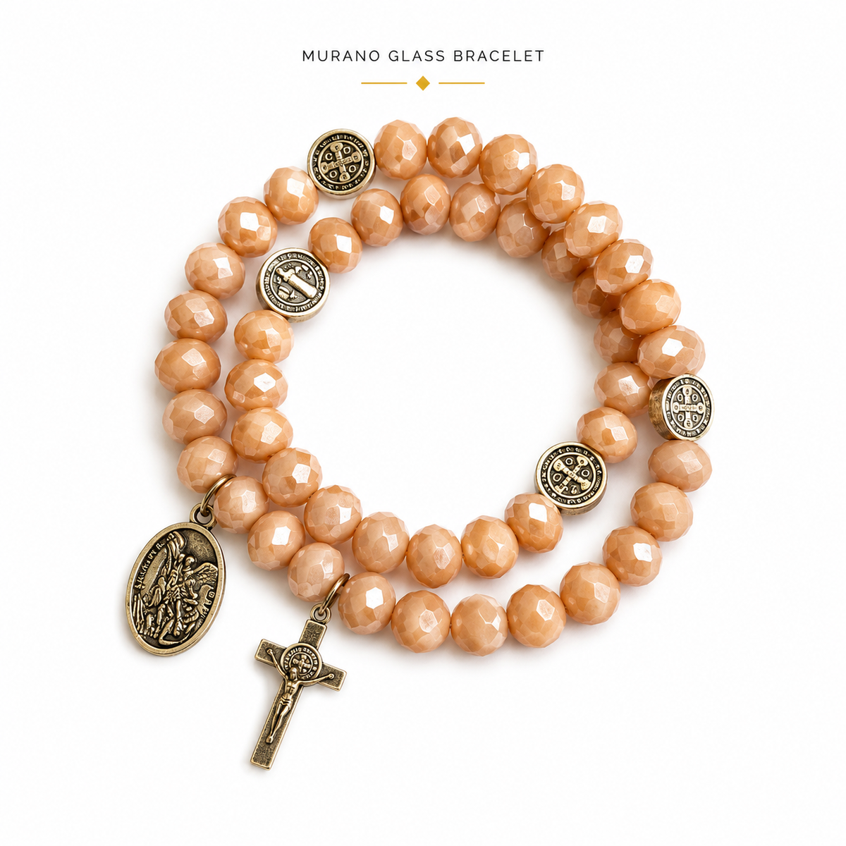 Murano Glass Catholic Bracelet – Lavender Crystal Beads, Cross , virgin of Guadalupe Medal