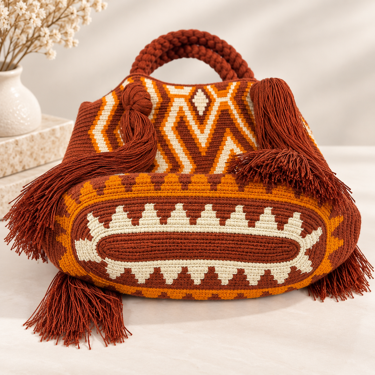 Wayuu Rapunzel Large Tote Bag Handmade Artisan  with Braided Strap 12” Height Statement Bag