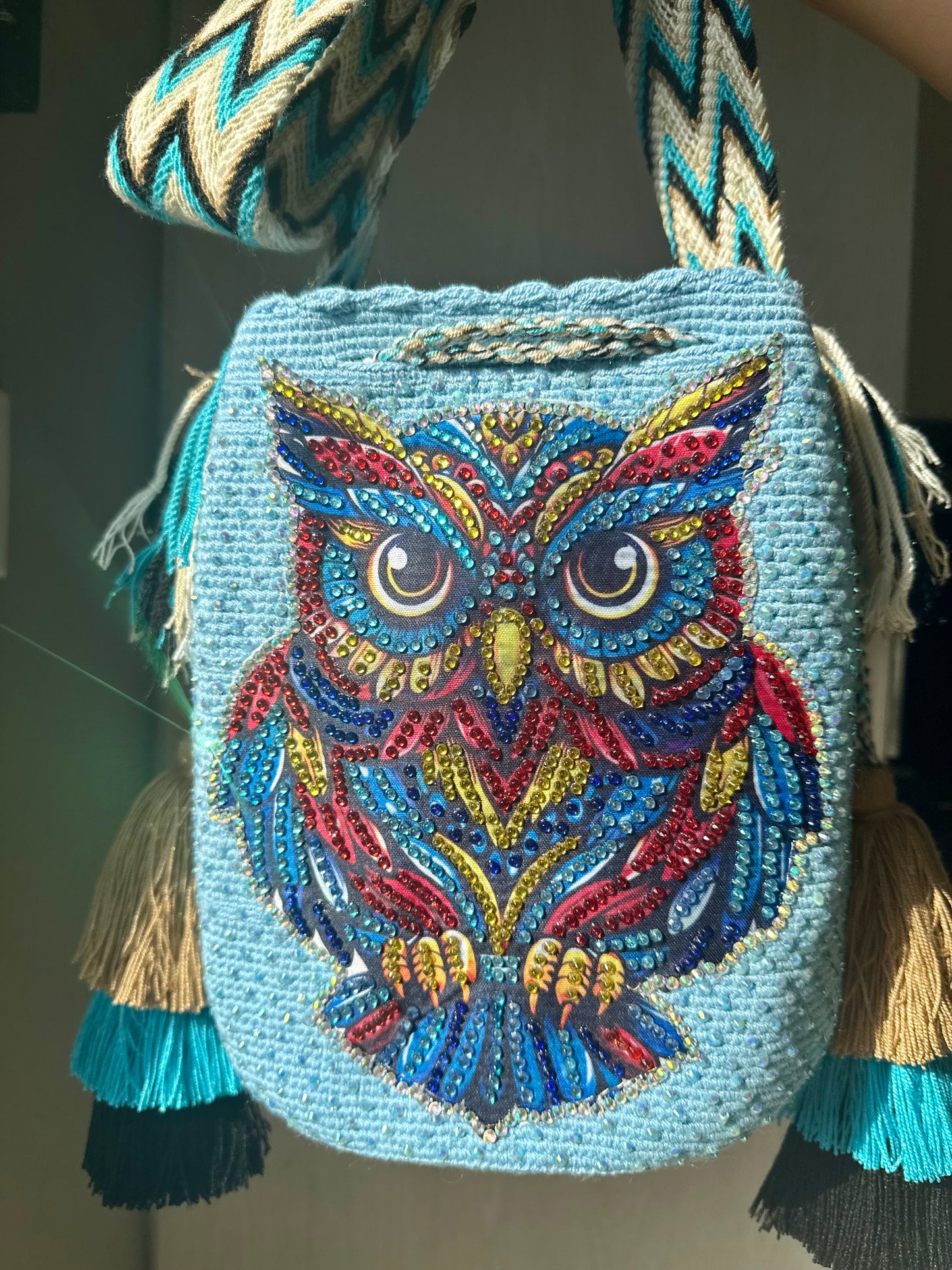 Wayuu Bag L Owl Decorated Blue Unique Handmade Artisan Bag
