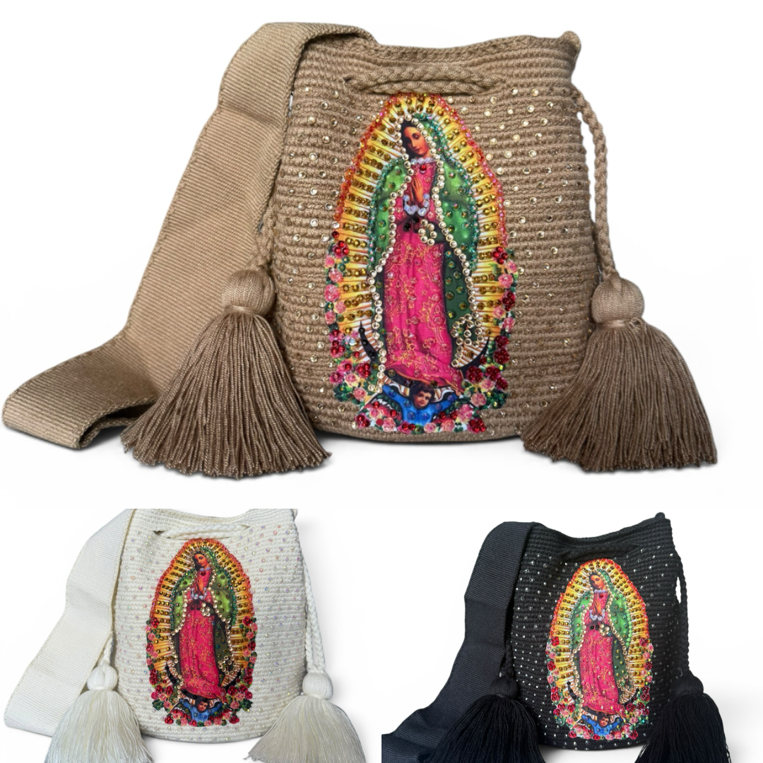 Crossbody Bucket Bag Wayuu Virgin of Guadalupe Decorated cream Details Handmade medium