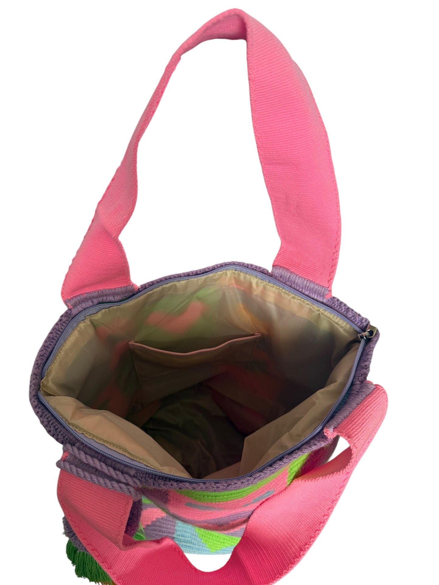 Wayuu XL Handwoven Cherry and strawberries Tote Bag Inner lining, sliding and ornament pompom