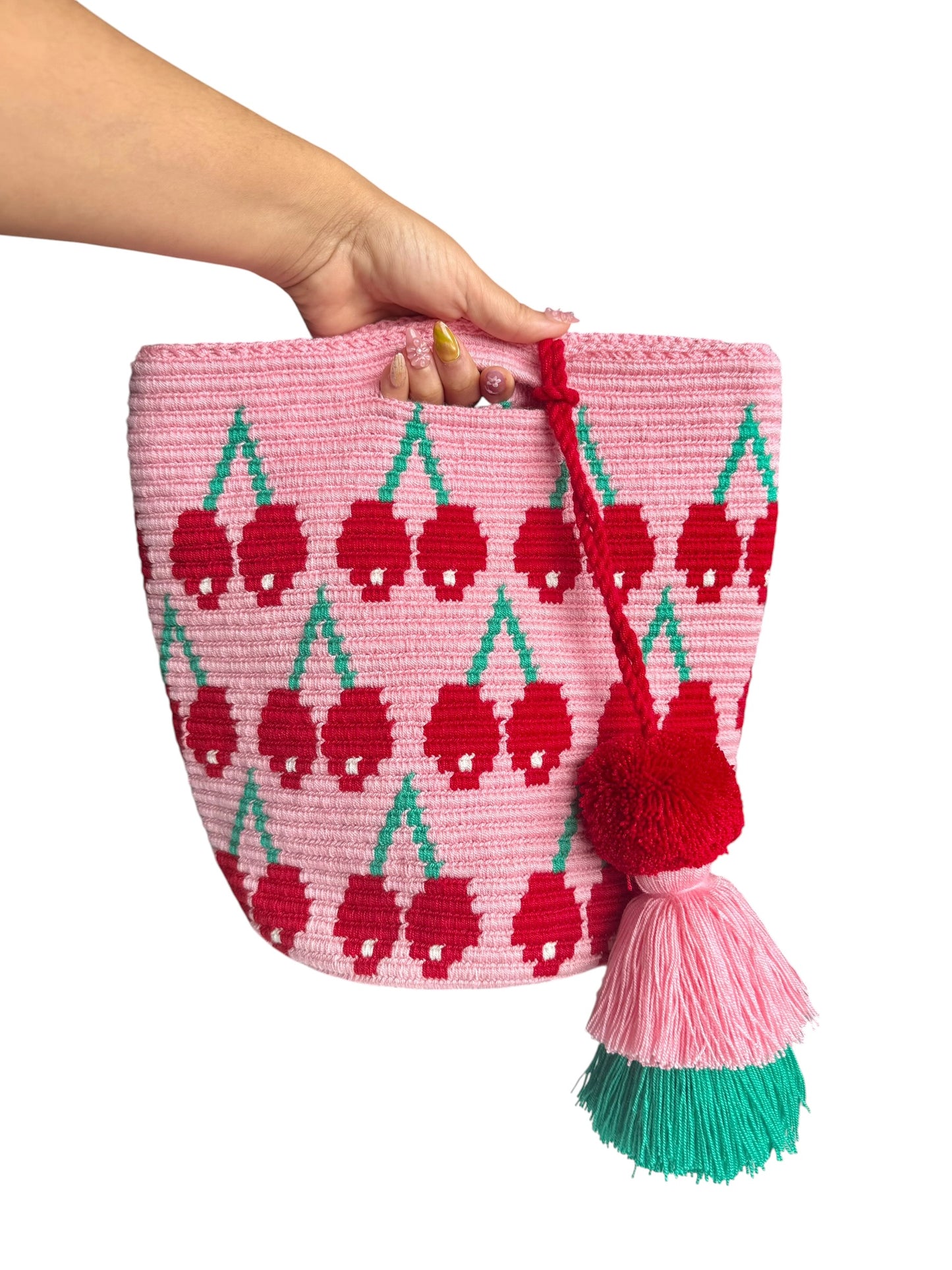 Cherry Crochet Clutch Bag Large Size 11 inch Handmade Statement Purse with Removable Strap