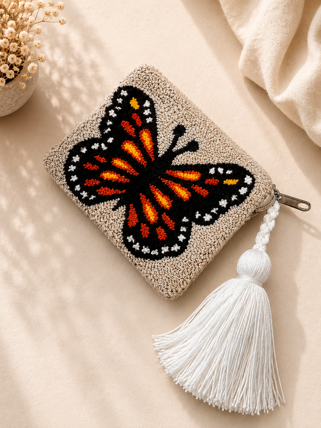 Handmade Tufted Mini Clutch Wallet 6” x 4” | Embroidered Zipper Coin Purse with Tassel