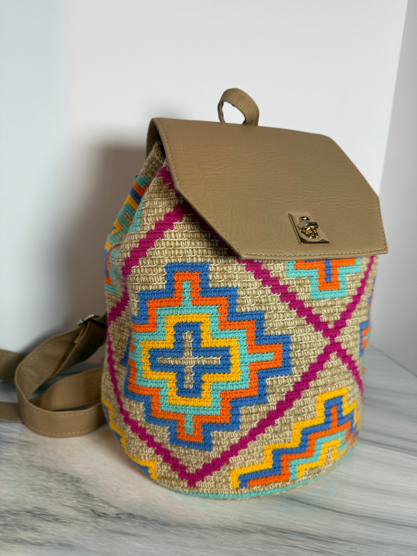 Wayuu Backpack Special Design in Leathertex — Handmade with diferents Pattern