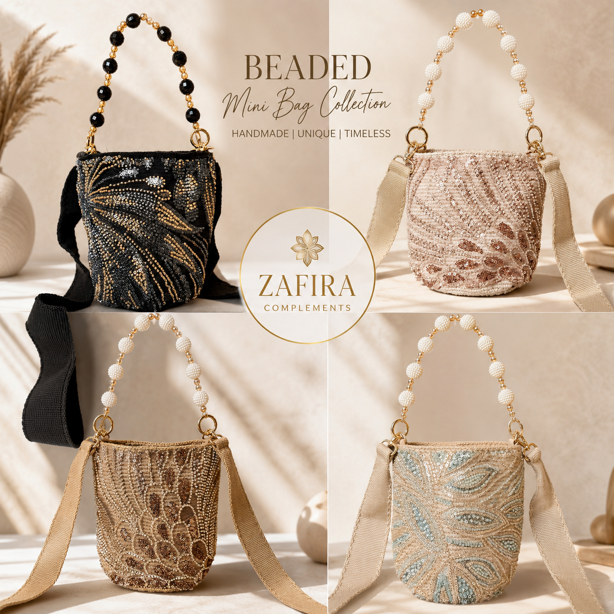 Luxury Handmade Beaded Mini Bucket Bag double use Sequin Crossbody Purse with Beaded Handle