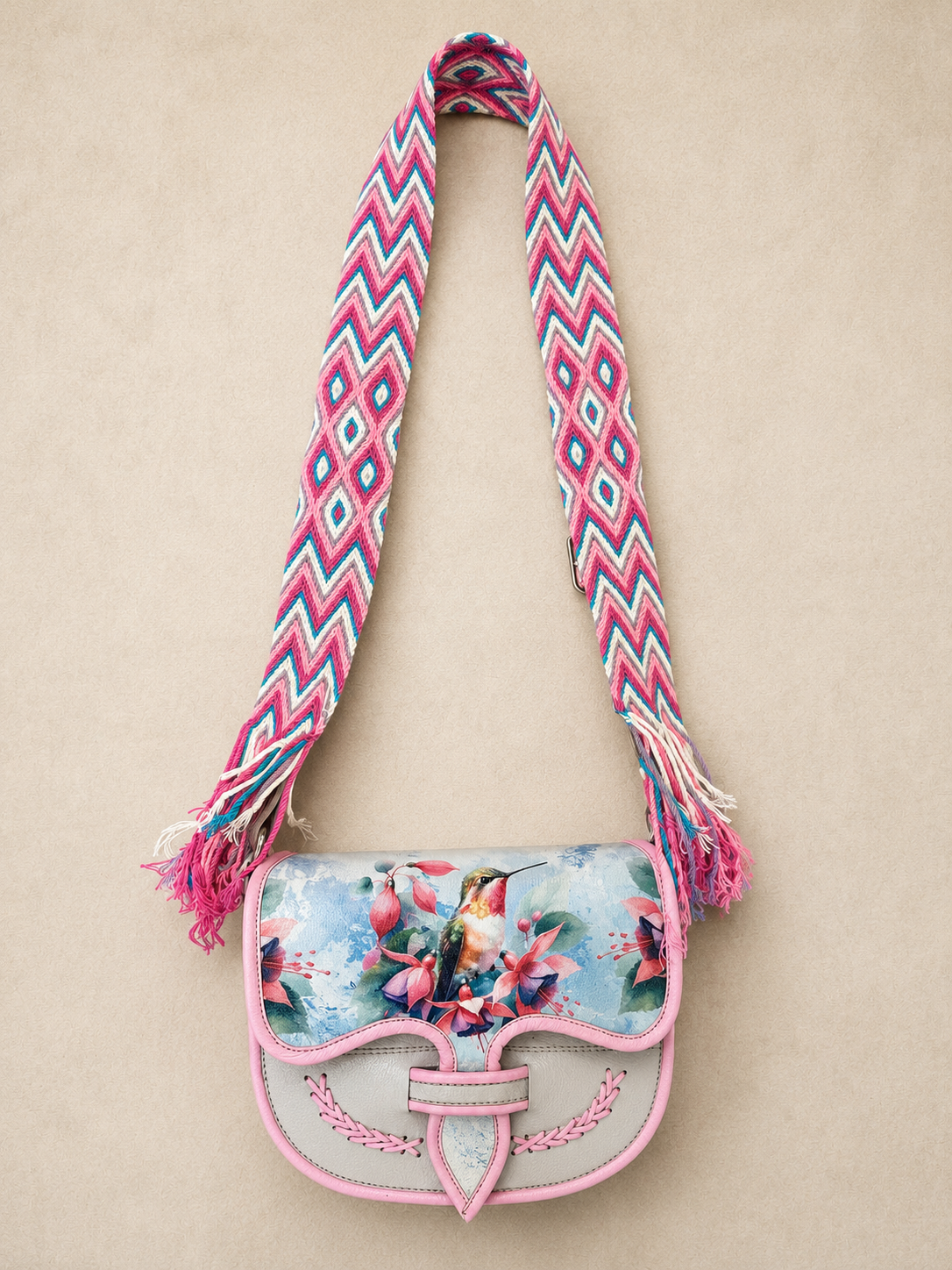 Hand Painted Genuine Leather Carriel Bag with Hummingbird | Adjustable Wayuu Crochet Strap