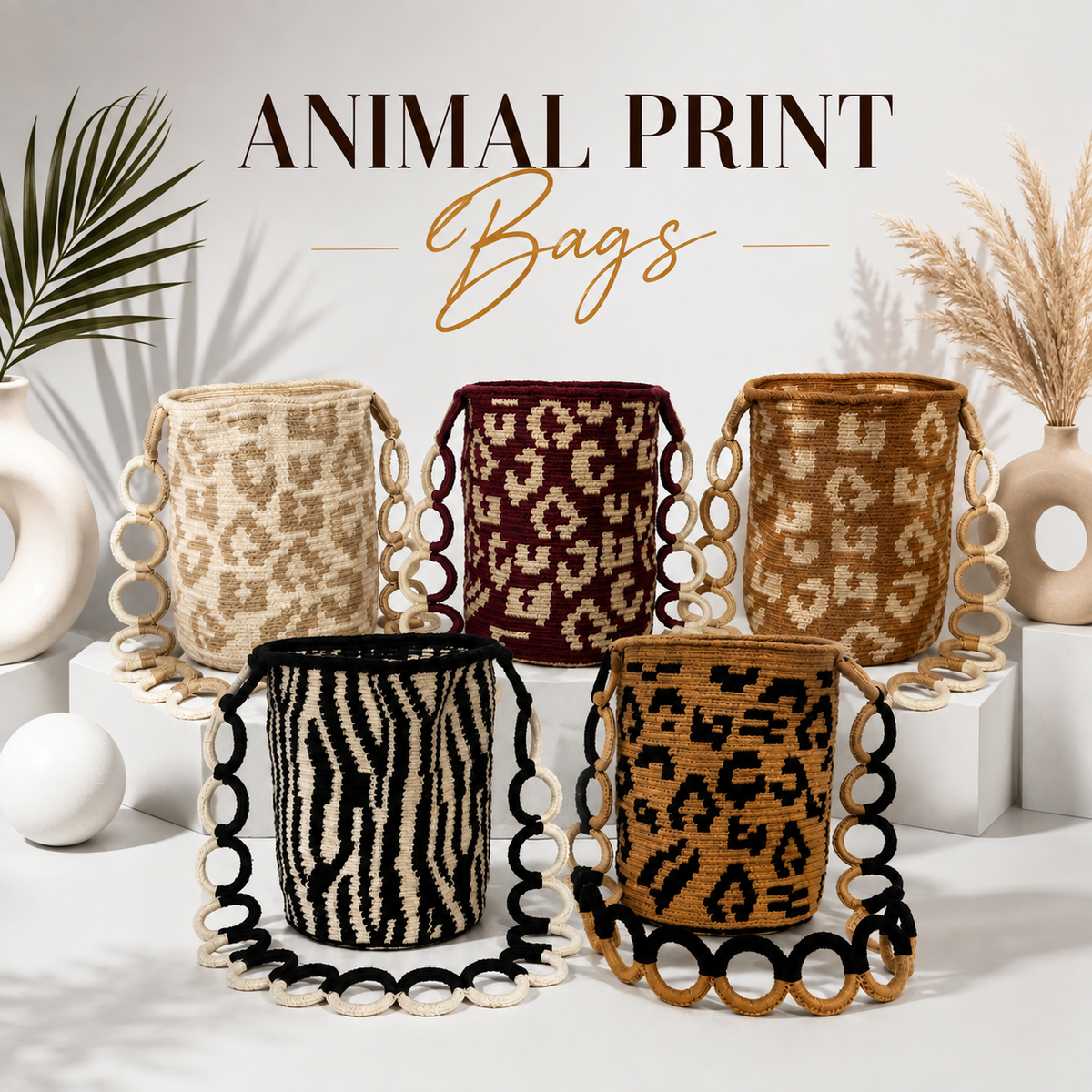 Animal Print Woven Bucket Bag – Medium 9” Shoulder Bag