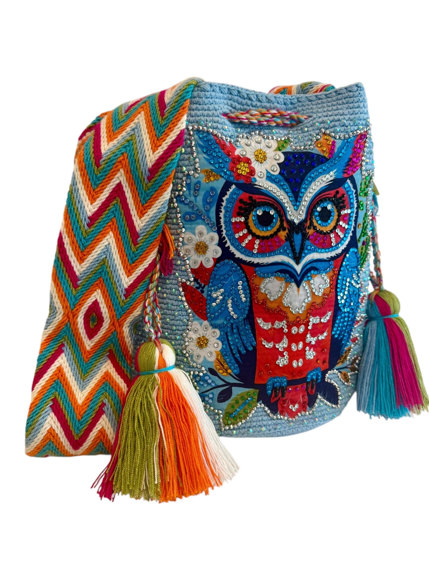 Large Handmade Crochet Owl Bag Colorful Wayuu Crossbody Bucket Bag Owl Collection | Zafira Complements